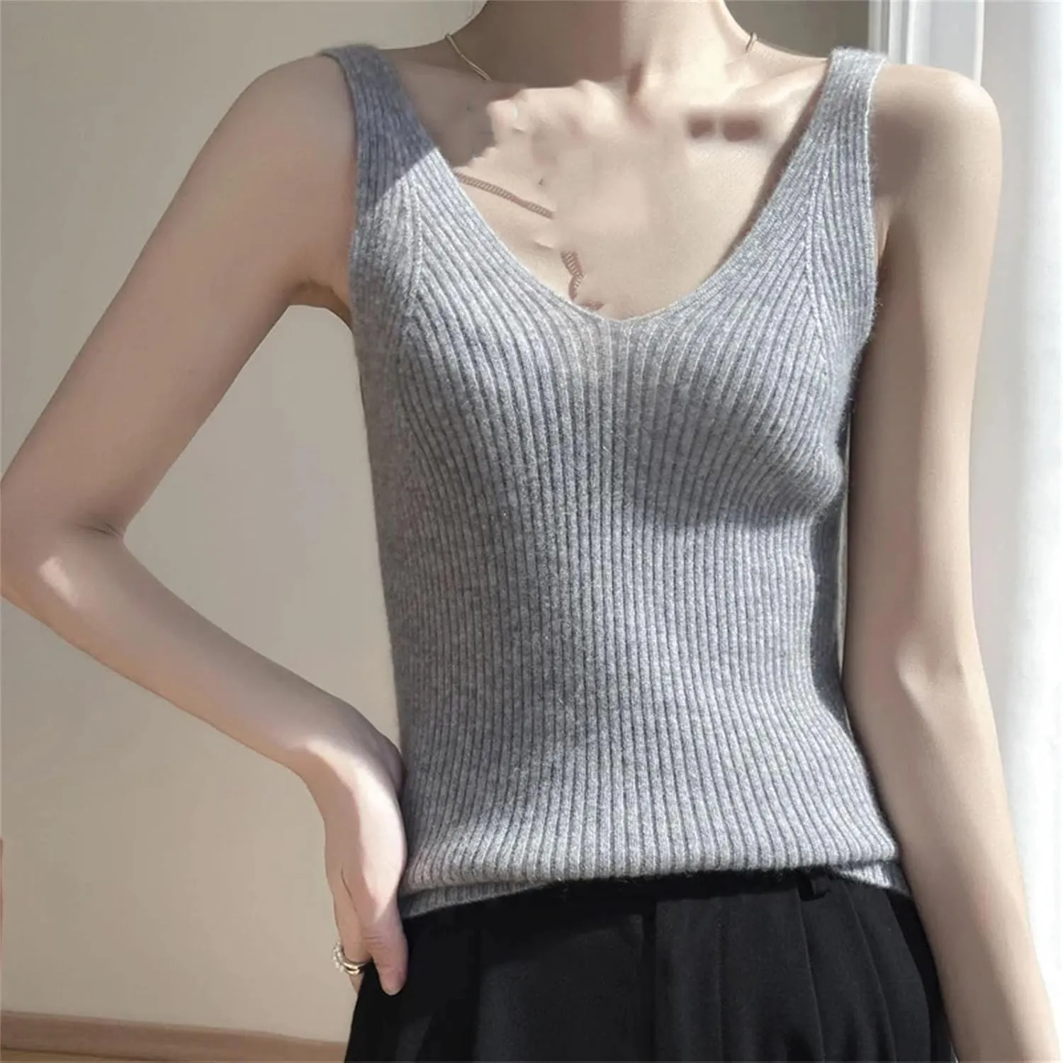 Women Pure Cashmere Knit Camisole Ladies Top V-Neck Slim Sling Thin Inside Vest Stretch Wool Women's Sweater