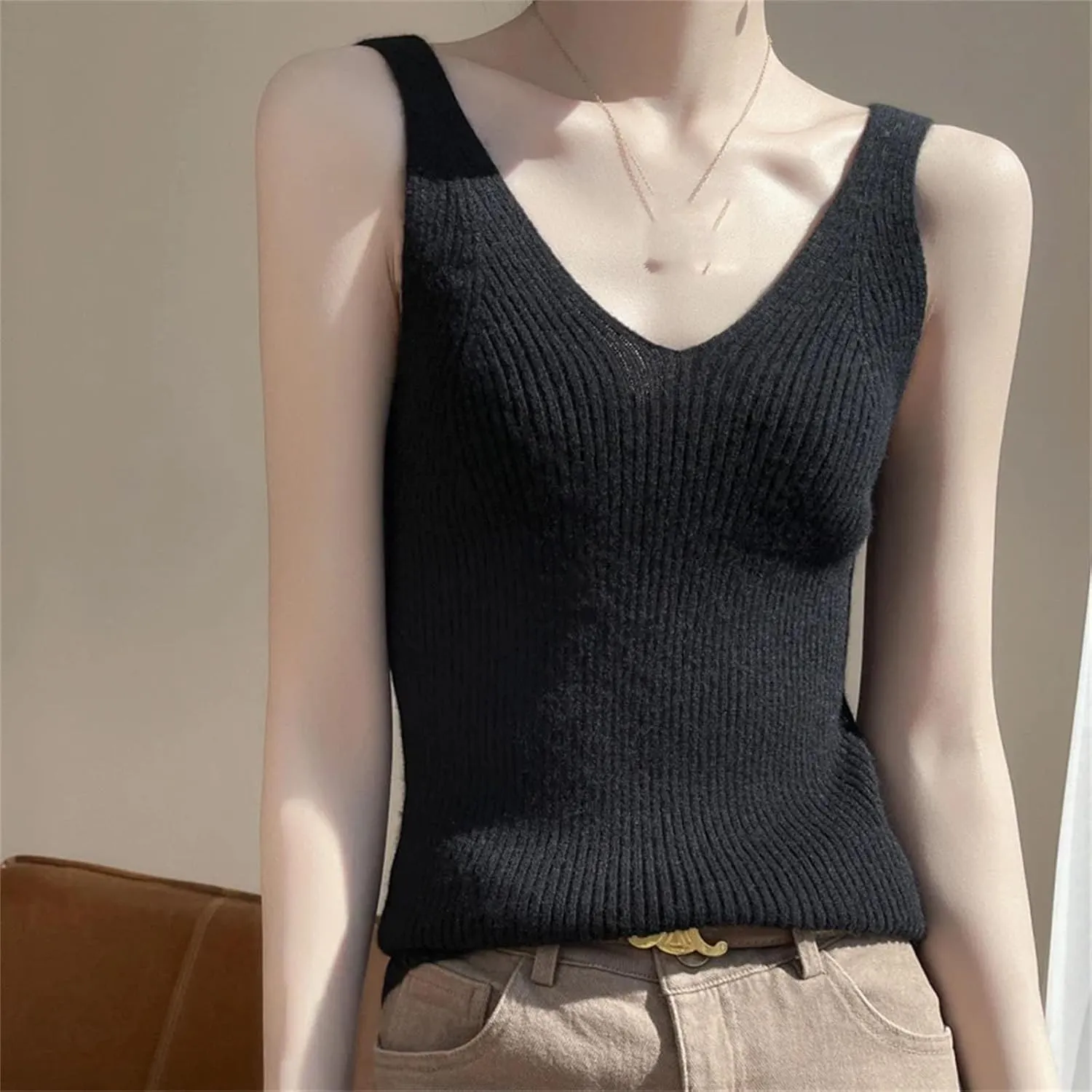 Women Pure Cashmere Knit Camisole Ladies Top V-Neck Slim Sling Thin Inside Vest Stretch Wool Women's Sweater