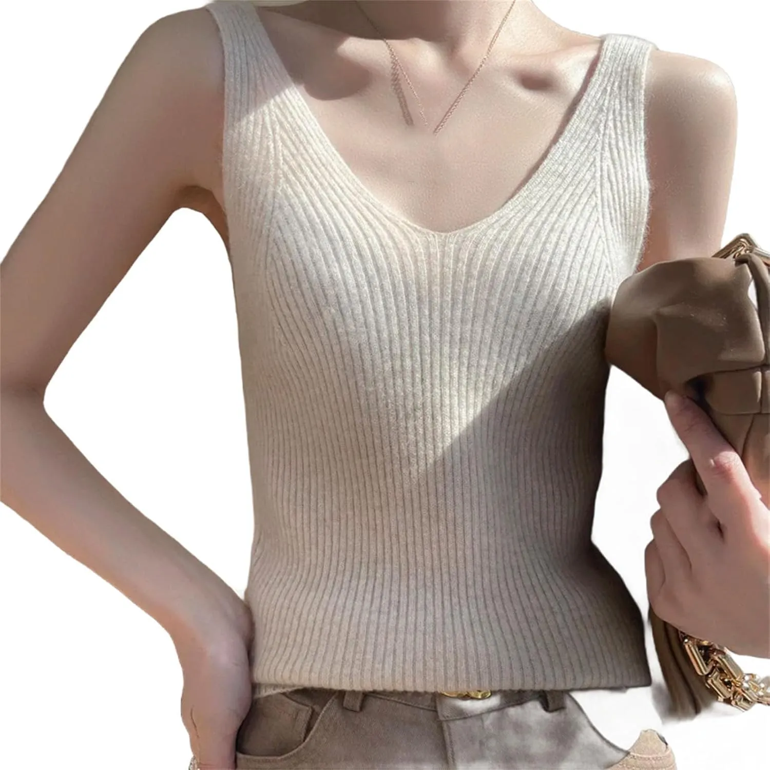 Women Pure Cashmere Knit Camisole Ladies Top V-Neck Slim Sling Thin Inside Vest Stretch Wool Women's Sweater