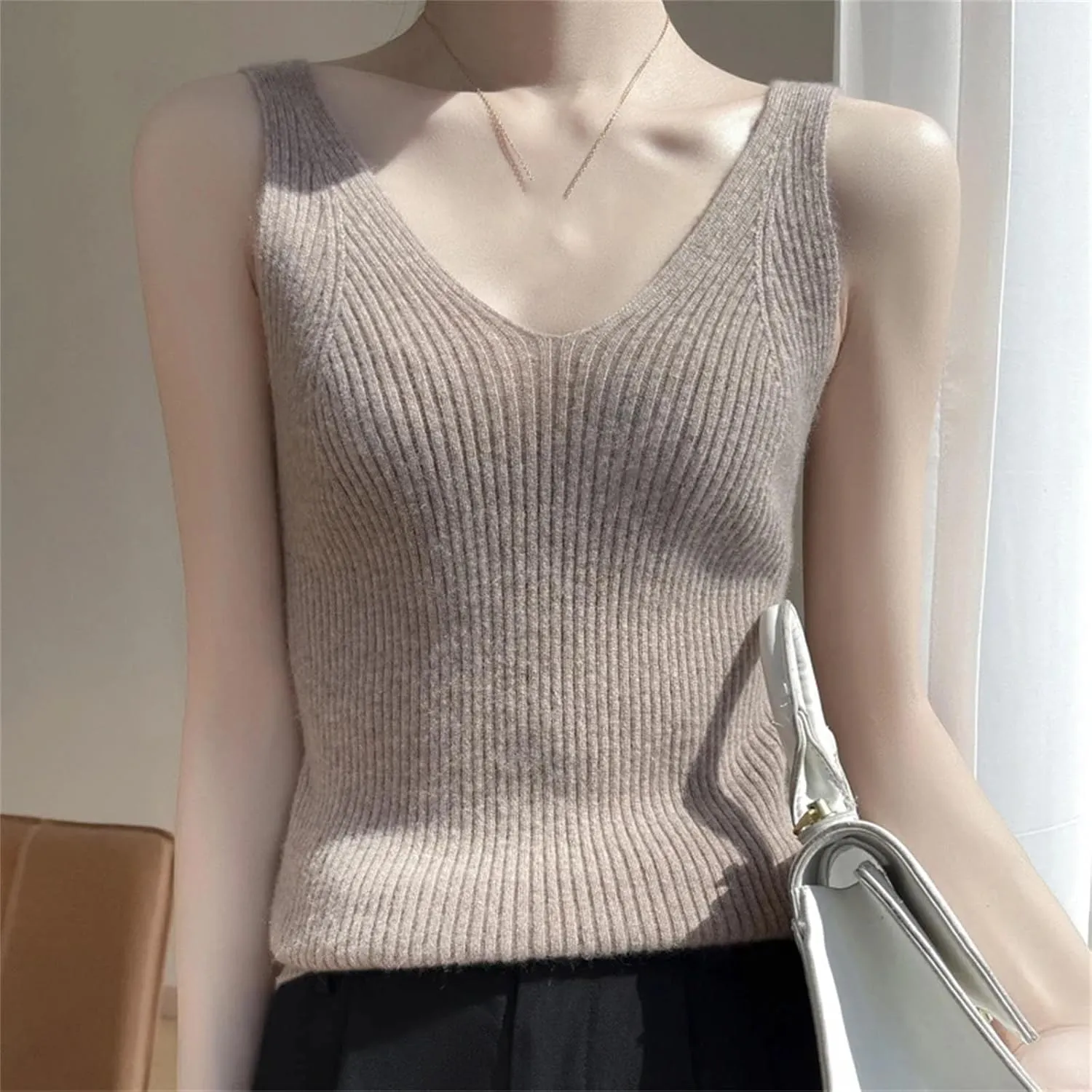 Women Pure Cashmere Knit Camisole Ladies Top V-Neck Slim Sling Thin Inside Vest Stretch Wool Women's Sweater