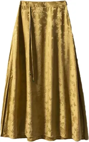 Women Silk Elegant Skirts High Waist Jacquard Skirts Chinese A-Line Floral Midi Skirt