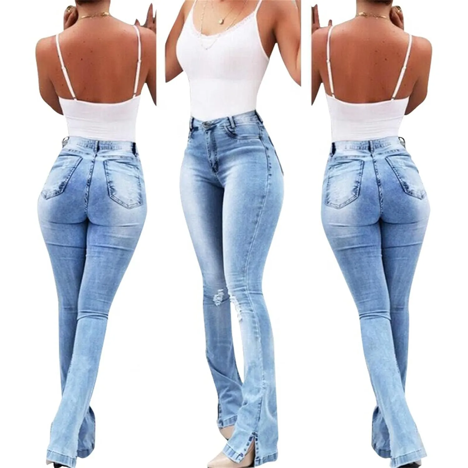 Women Skinny Ripped Bell Bottom Jeans High Waisted Split Hem Flared Denim Pants Distressed Wide Leg Jean Trouser (Light Blue,Large)