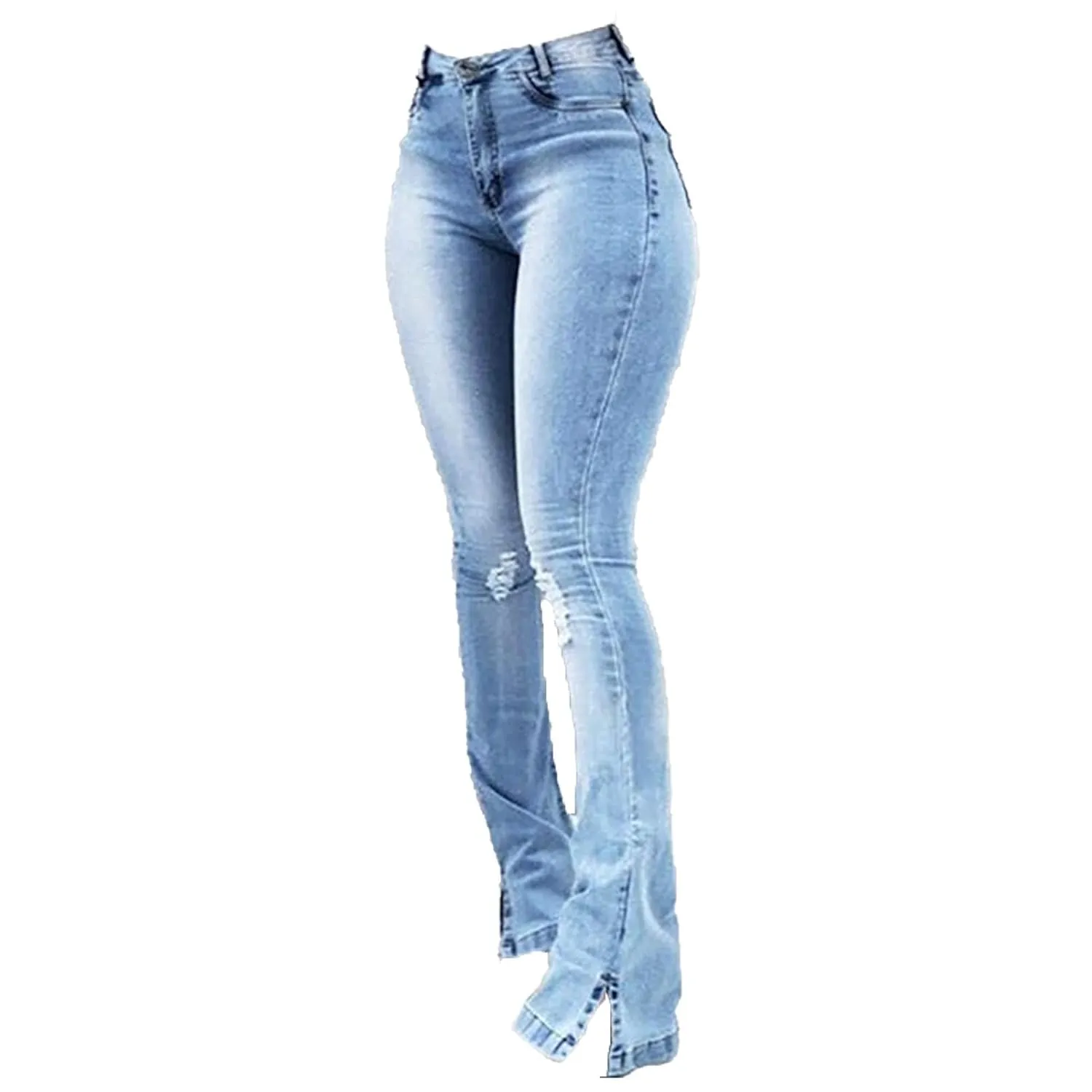 Women Skinny Ripped Bell Bottom Jeans High Waisted Split Hem Flared Denim Pants Distressed Wide Leg Jean Trouser (Light Blue,Large)