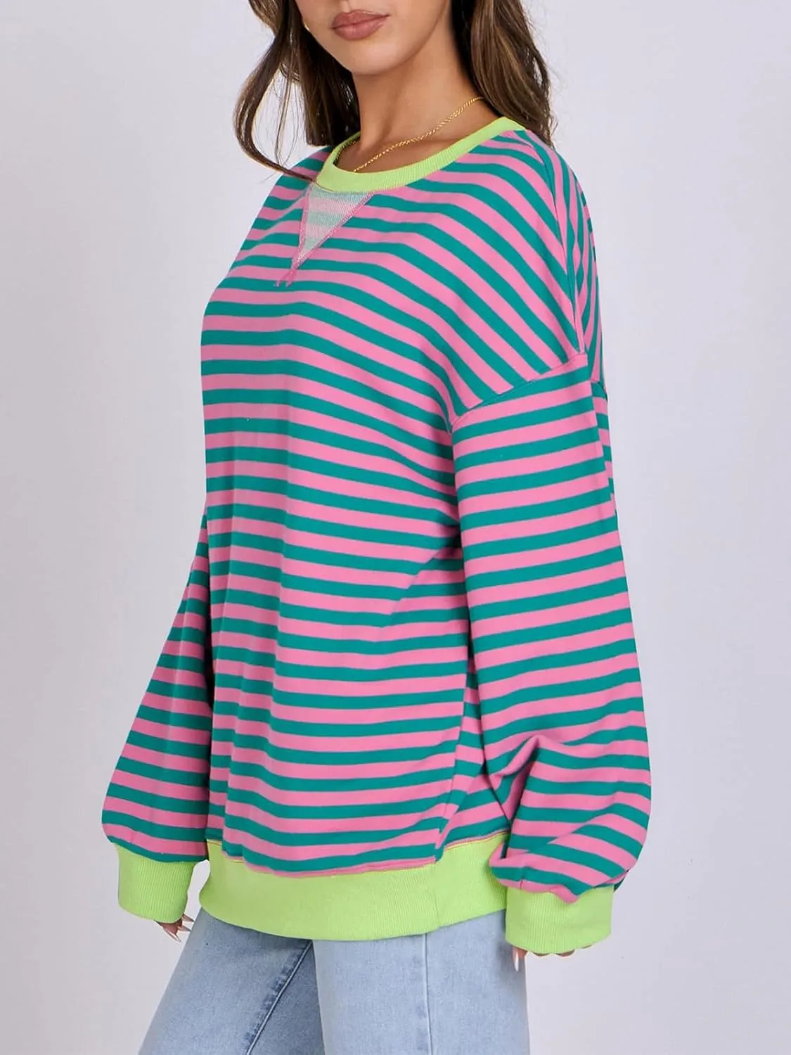 Women Striped Oversized Sweatshirt Long Sleeve Crewneck Hoodies Shirts 2024 Fall Pullover Top Trendy Preppy Clothes