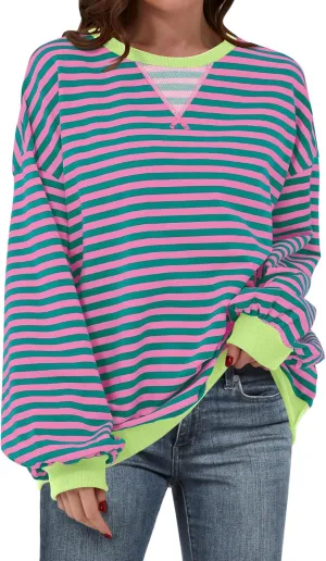 Women Striped Oversized Sweatshirt Long Sleeve Crewneck Hoodies Shirts 2024 Fall Pullover Top Trendy Preppy Clothes