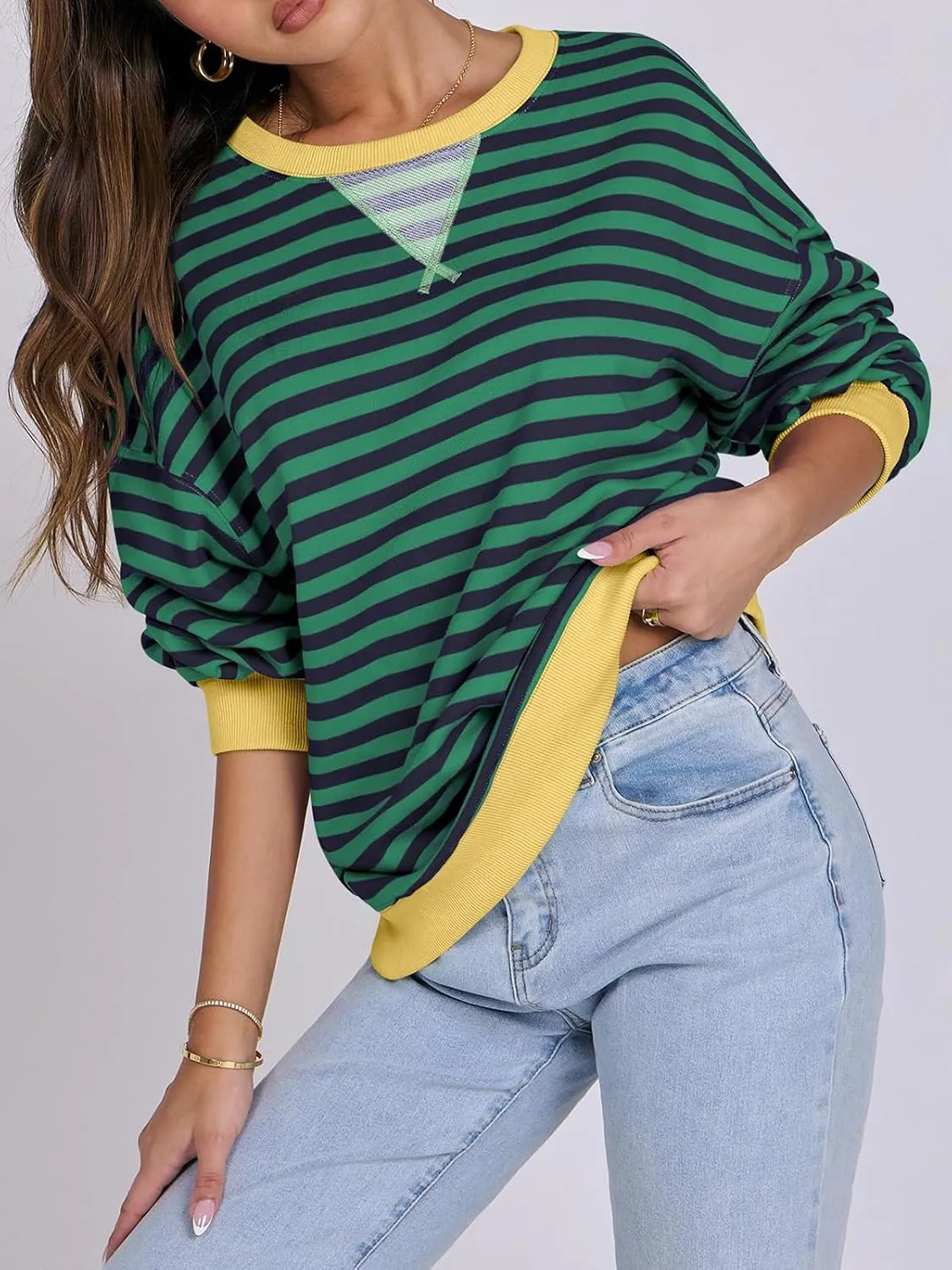 Women Striped Oversized Sweatshirt Long Sleeve Crewneck Hoodies Shirts 2024 Fall Pullover Top Trendy Preppy Clothes