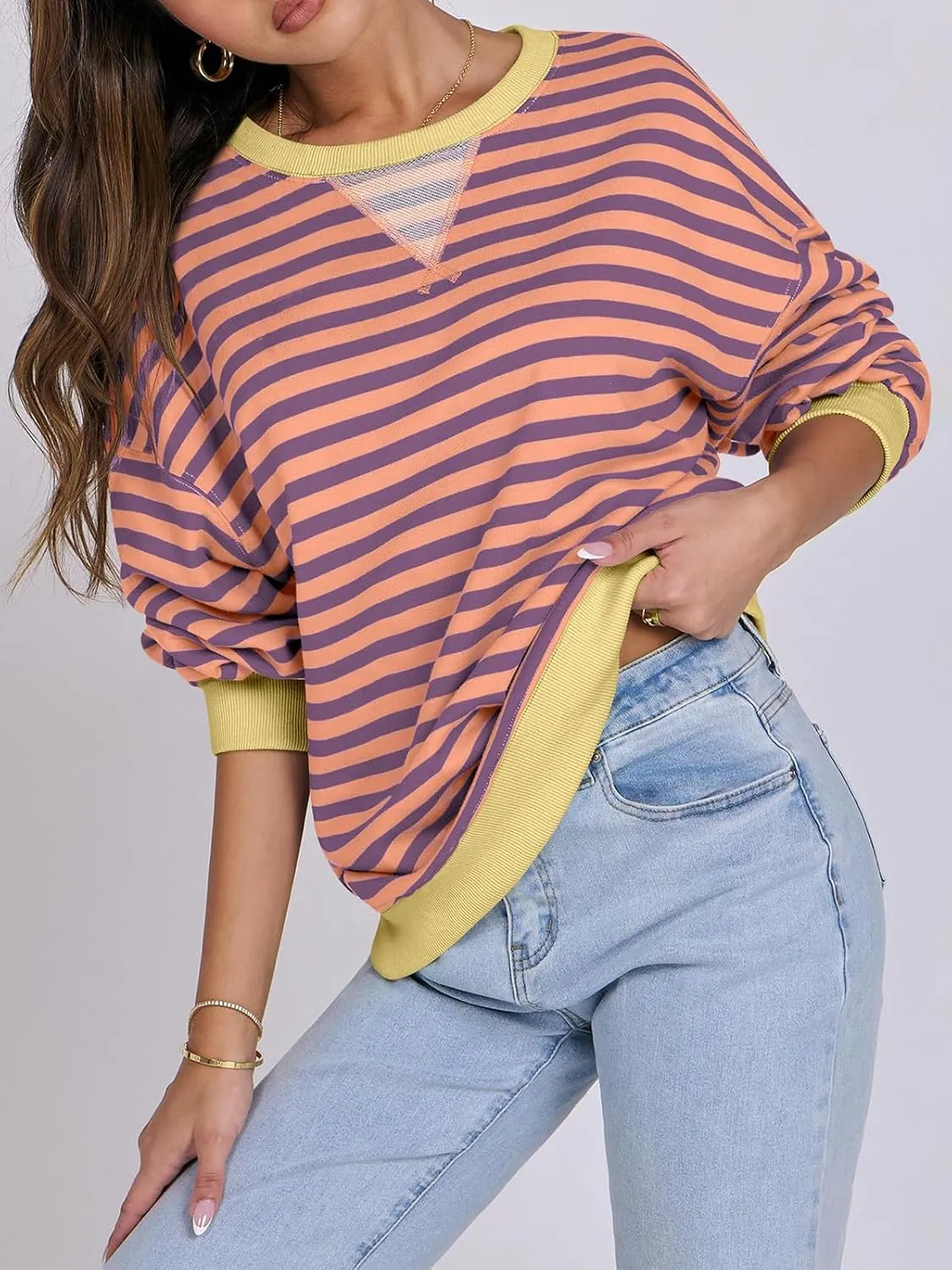 Women Striped Oversized Sweatshirt Long Sleeve Crewneck Hoodies Shirts 2024 Fall Pullover Top Trendy Preppy Clothes