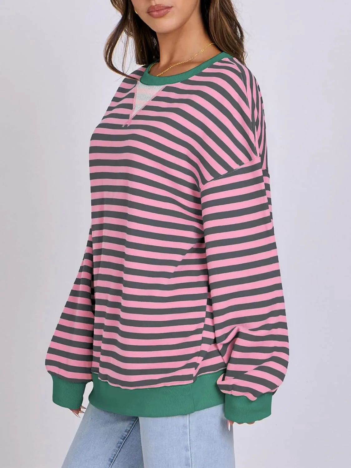 Women Striped Oversized Sweatshirt Long Sleeve Crewneck Hoodies Shirts 2024 Fall Pullover Top Trendy Preppy Clothes