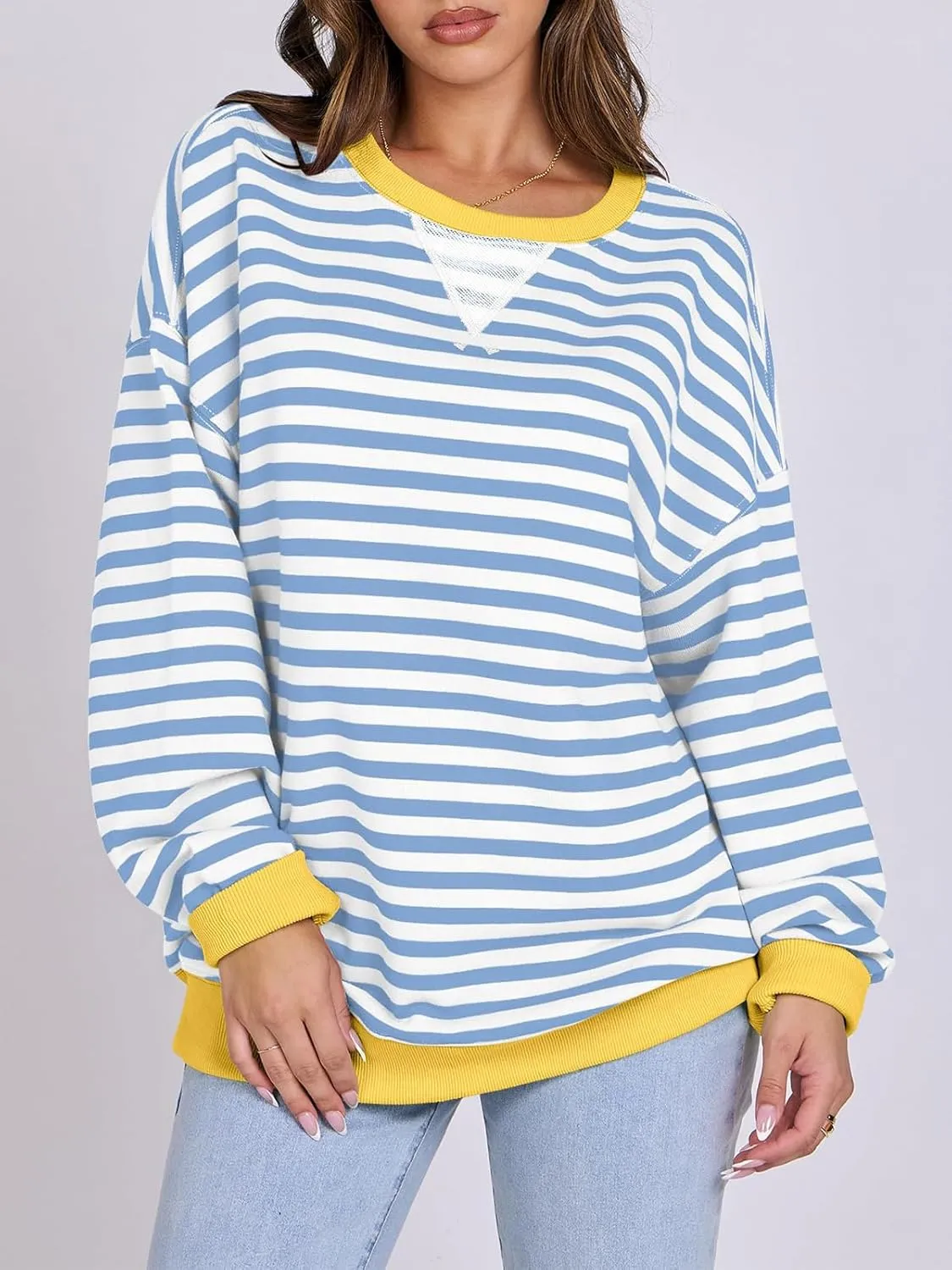 Women Striped Oversized Sweatshirt Long Sleeve Crewneck Hoodies Shirts 2024 Fall Pullover Top Trendy Preppy Clothes
