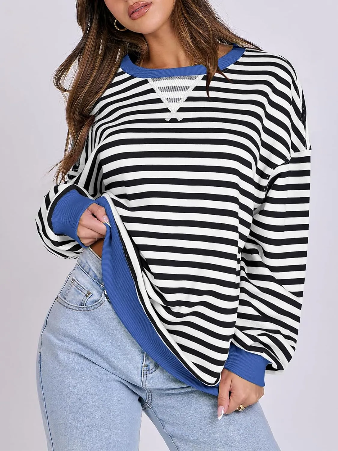 Women Striped Oversized Sweatshirt Long Sleeve Crewneck Hoodies Shirts 2024 Fall Pullover Top Trendy Preppy Clothes