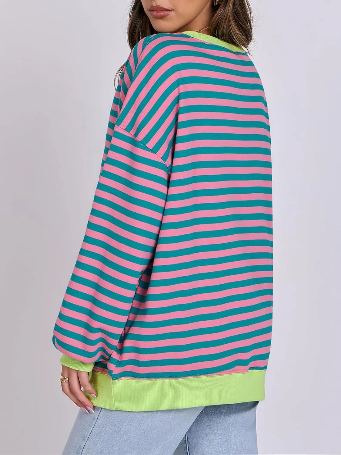 Women Striped Oversized Sweatshirt Long Sleeve Crewneck Hoodies Shirts 2024 Fall Pullover Top Trendy Preppy Clothes