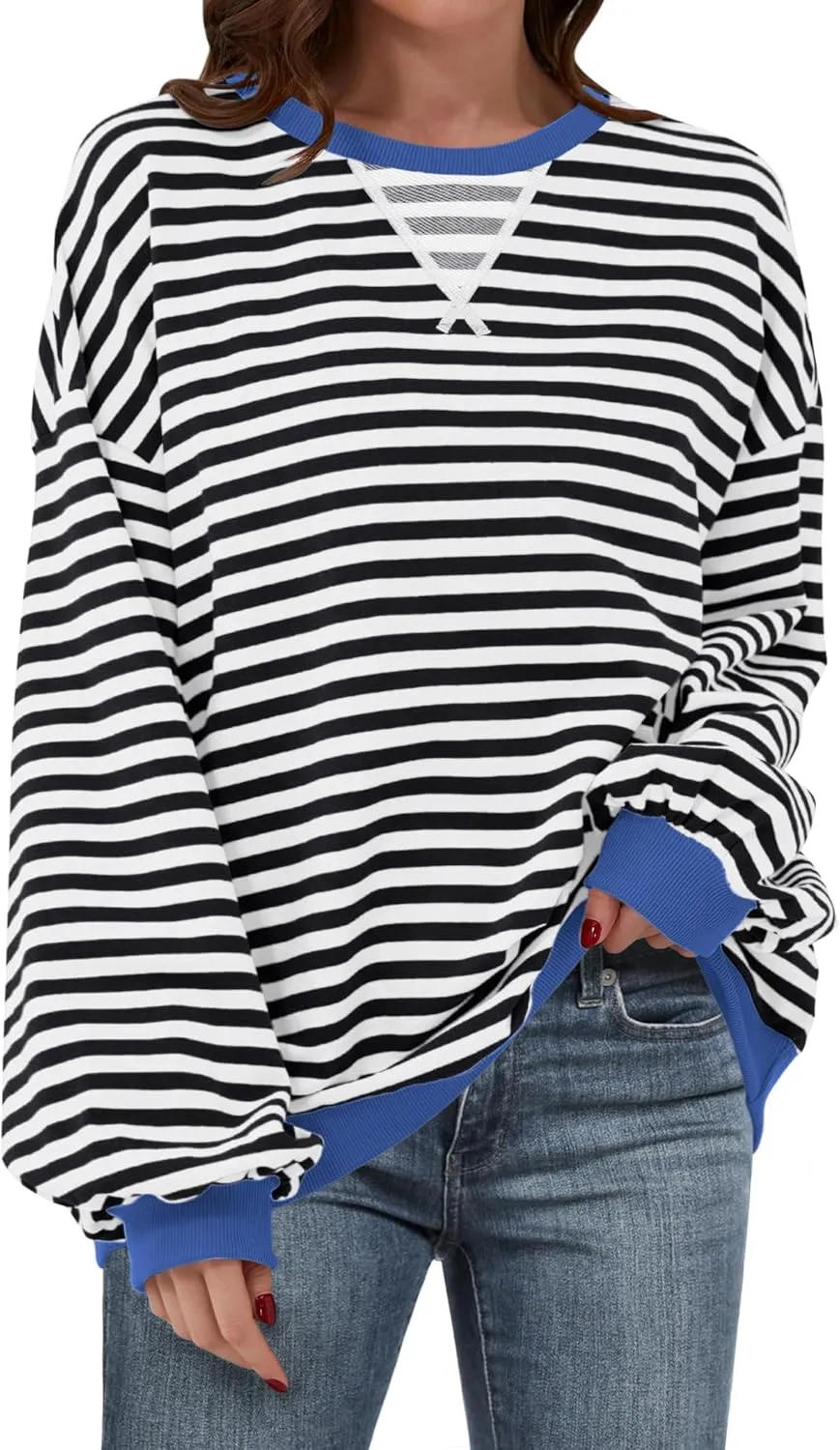 Women Striped Oversized Sweatshirt Long Sleeve Crewneck Hoodies Shirts 2024 Fall Pullover Top Trendy Preppy Clothes