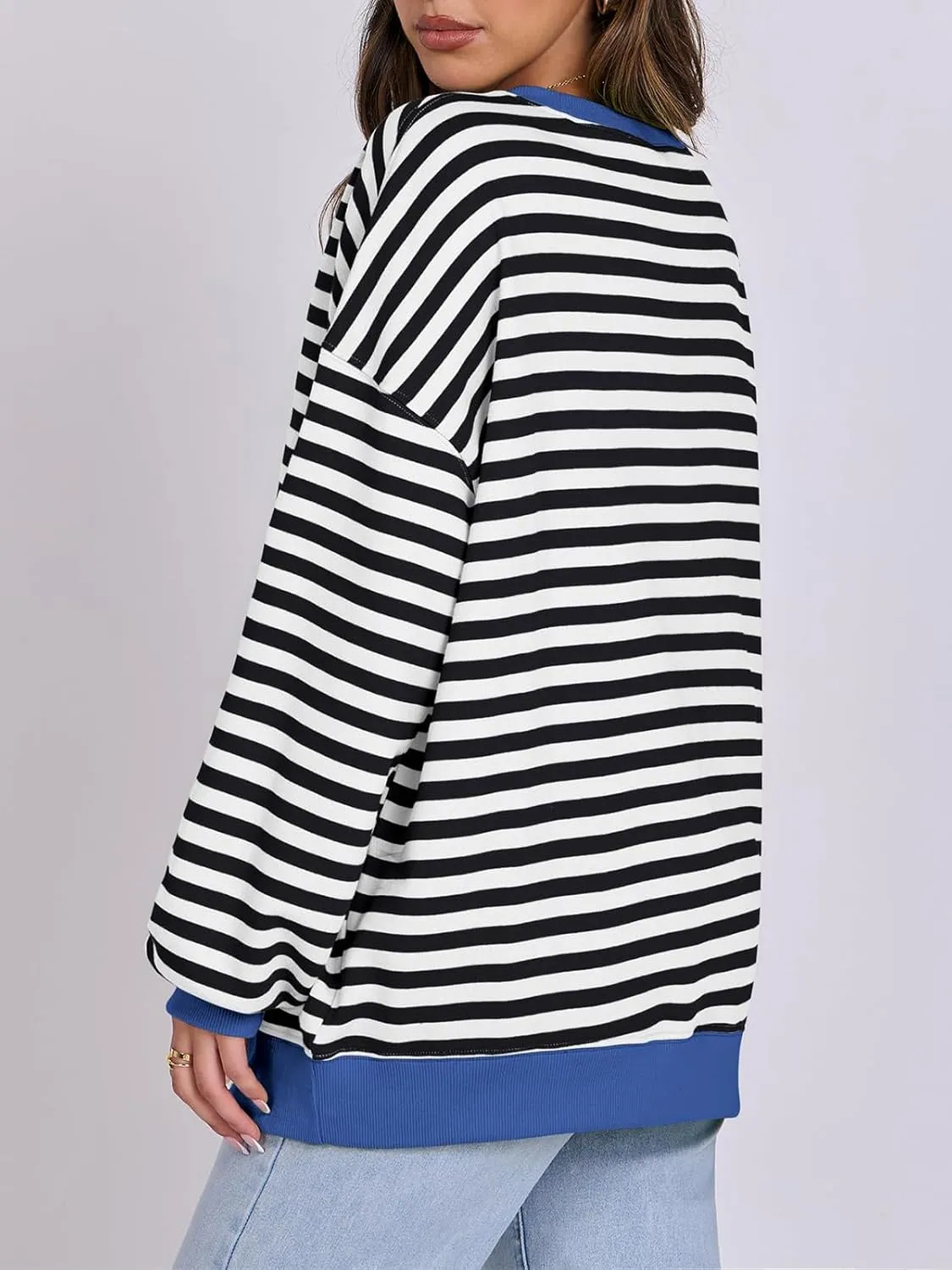Women Striped Oversized Sweatshirt Long Sleeve Crewneck Hoodies Shirts 2024 Fall Pullover Top Trendy Preppy Clothes