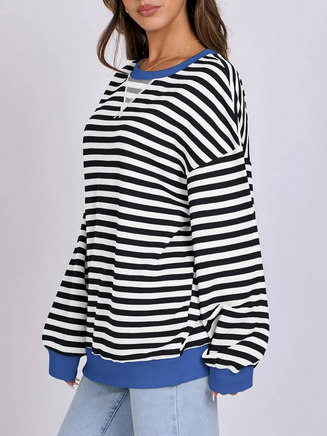 Women Striped Oversized Sweatshirt Long Sleeve Crewneck Hoodies Shirts 2024 Fall Pullover Top Trendy Preppy Clothes