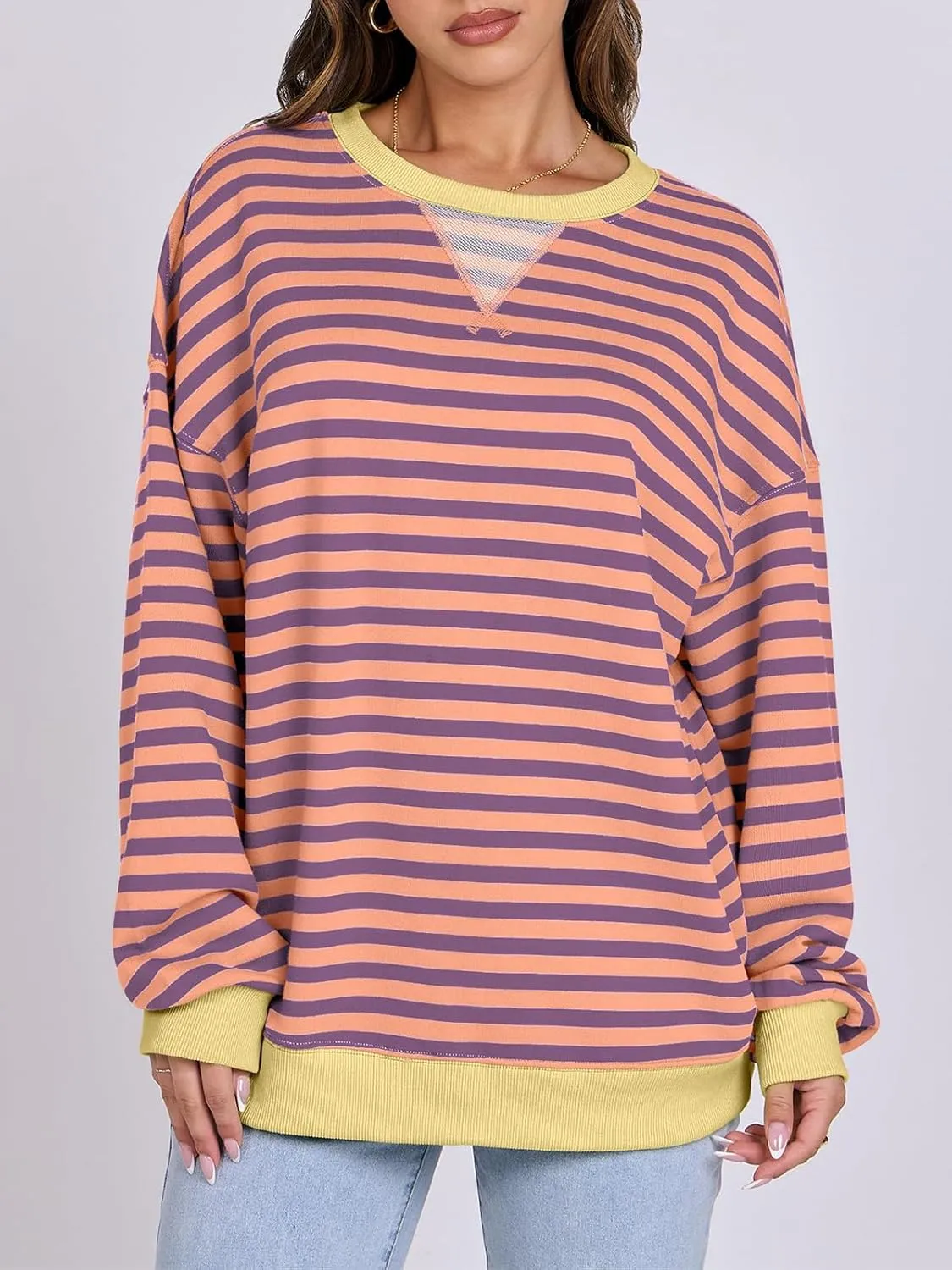 Women Striped Oversized Sweatshirt Long Sleeve Crewneck Hoodies Shirts 2024 Fall Pullover Top Trendy Preppy Clothes