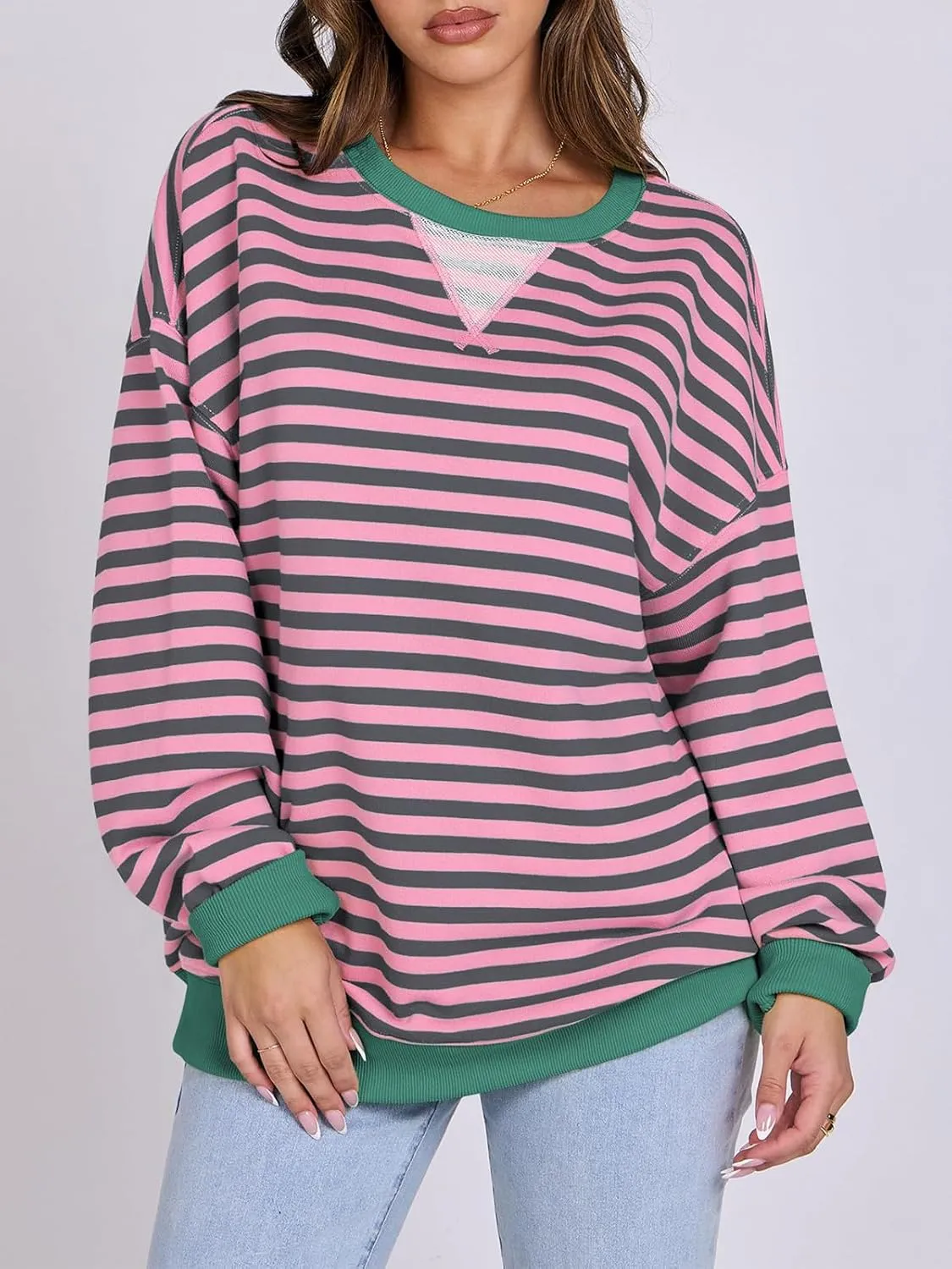 Women Striped Oversized Sweatshirt Long Sleeve Crewneck Hoodies Shirts 2024 Fall Pullover Top Trendy Preppy Clothes