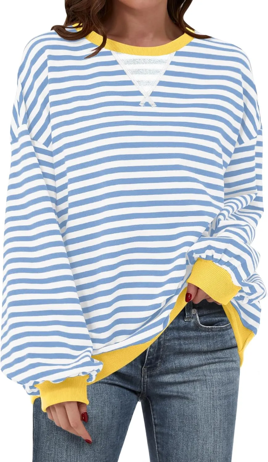 Women Striped Oversized Sweatshirt Long Sleeve Crewneck Hoodies Shirts 2024 Fall Pullover Top Trendy Preppy Clothes