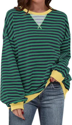 Women Striped Oversized Sweatshirt Long Sleeve Crewneck Hoodies Shirts 2024 Fall Pullover Top Trendy Preppy Clothes