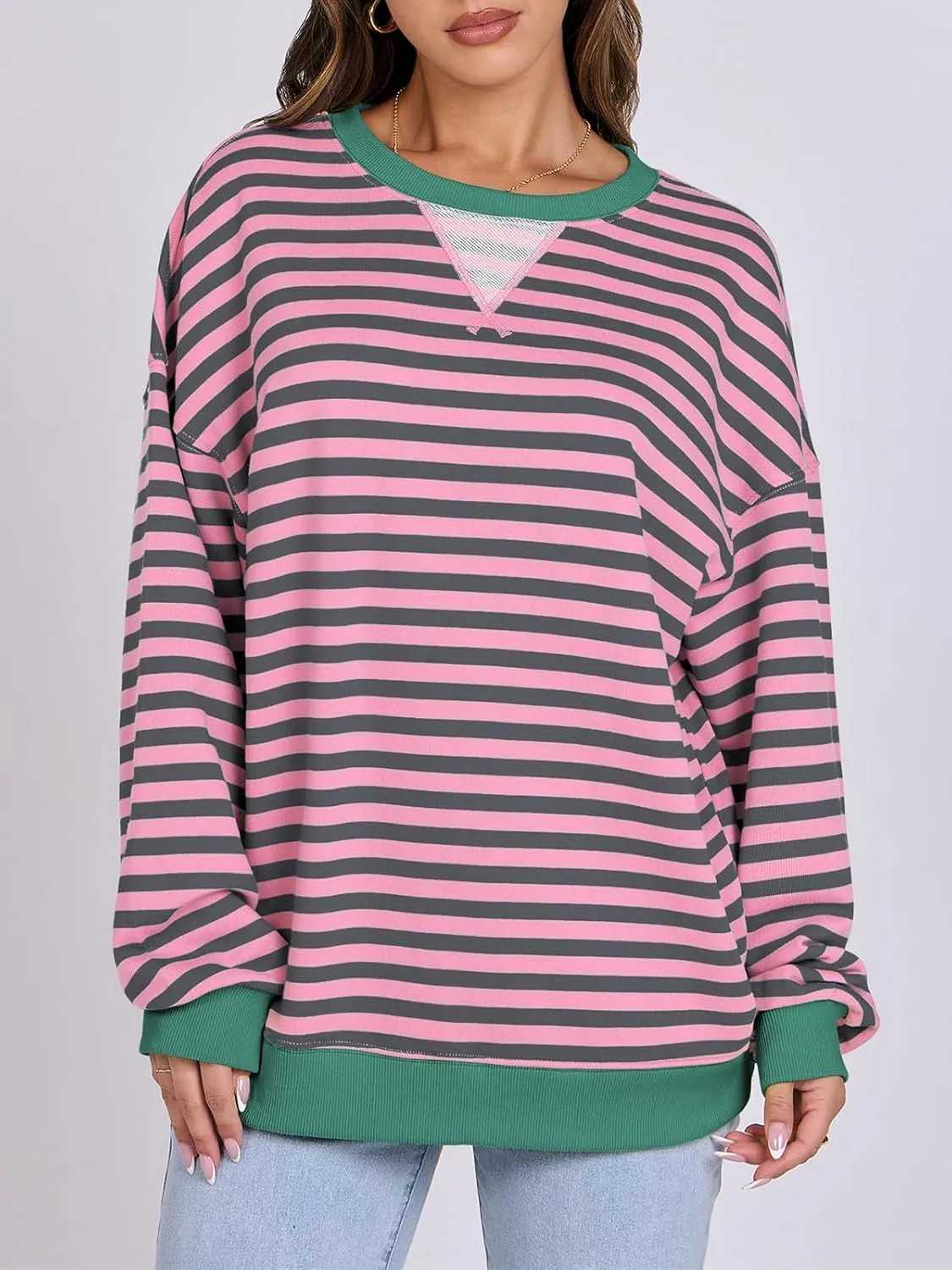 Women Striped Oversized Sweatshirt Long Sleeve Crewneck Hoodies Shirts 2024 Fall Pullover Top Trendy Preppy Clothes