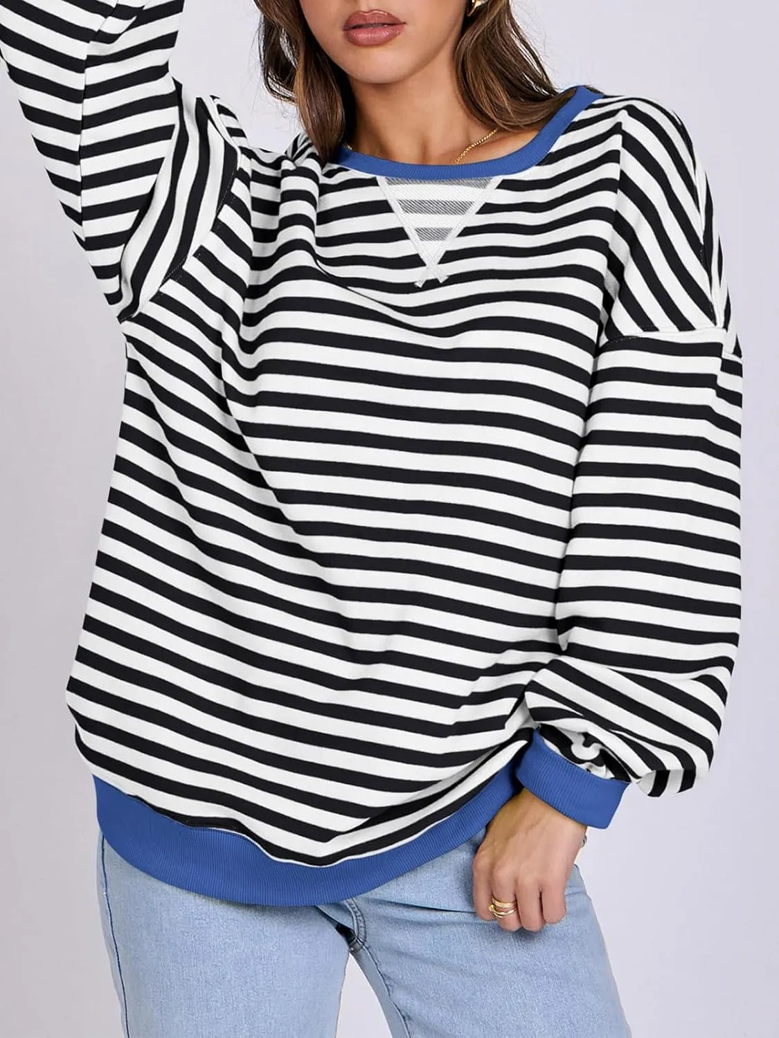 Women Striped Oversized Sweatshirt Long Sleeve Crewneck Hoodies Shirts 2024 Fall Pullover Top Trendy Preppy Clothes