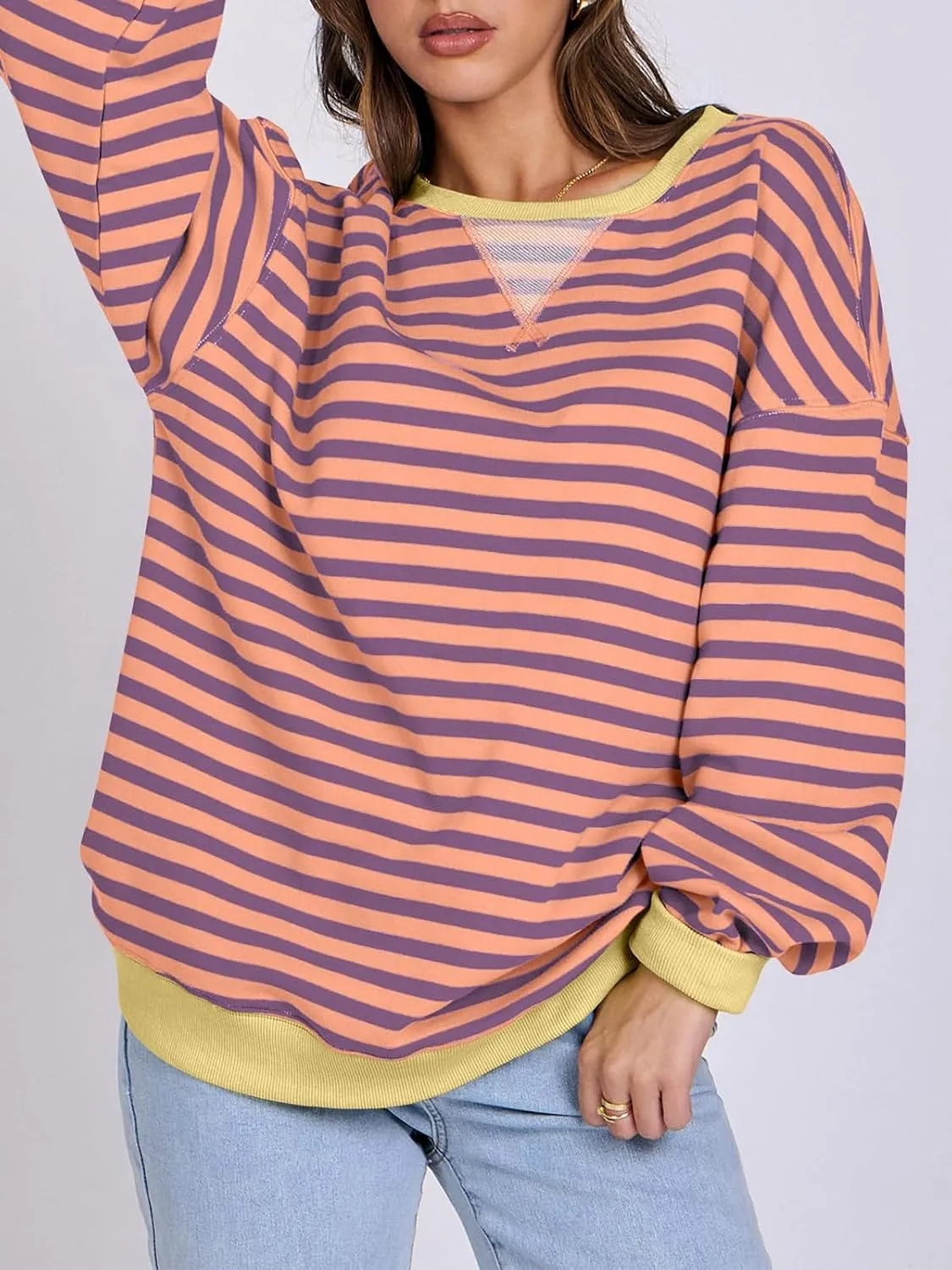 Women Striped Oversized Sweatshirt Long Sleeve Crewneck Hoodies Shirts 2024 Fall Pullover Top Trendy Preppy Clothes