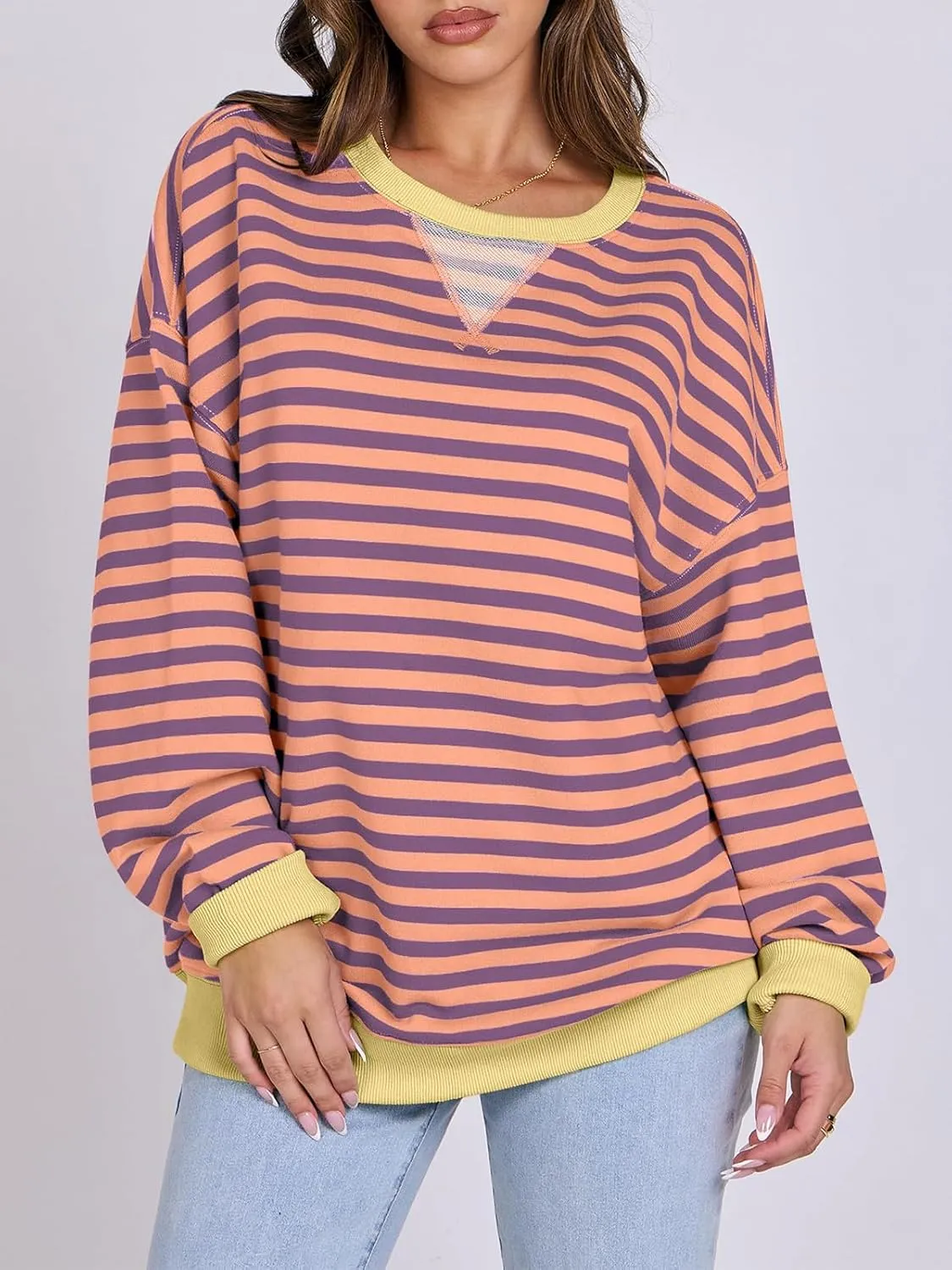 Women Striped Oversized Sweatshirt Long Sleeve Crewneck Hoodies Shirts 2024 Fall Pullover Top Trendy Preppy Clothes