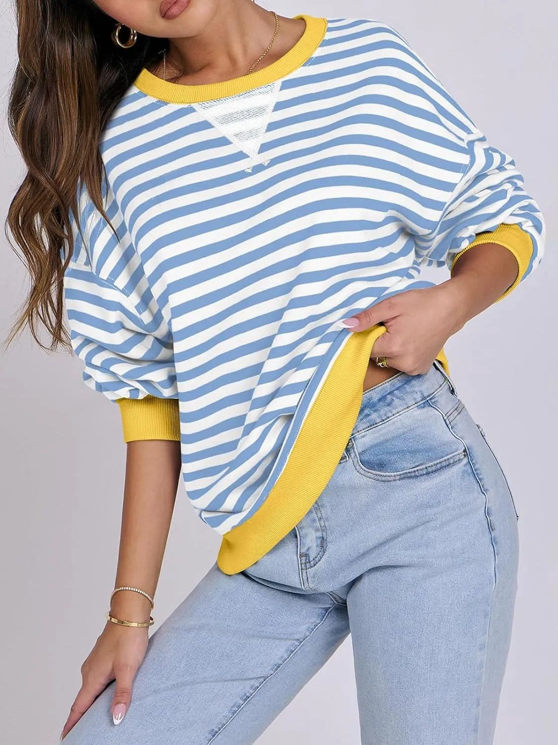 Women Striped Oversized Sweatshirt Long Sleeve Crewneck Hoodies Shirts 2024 Fall Pullover Top Trendy Preppy Clothes