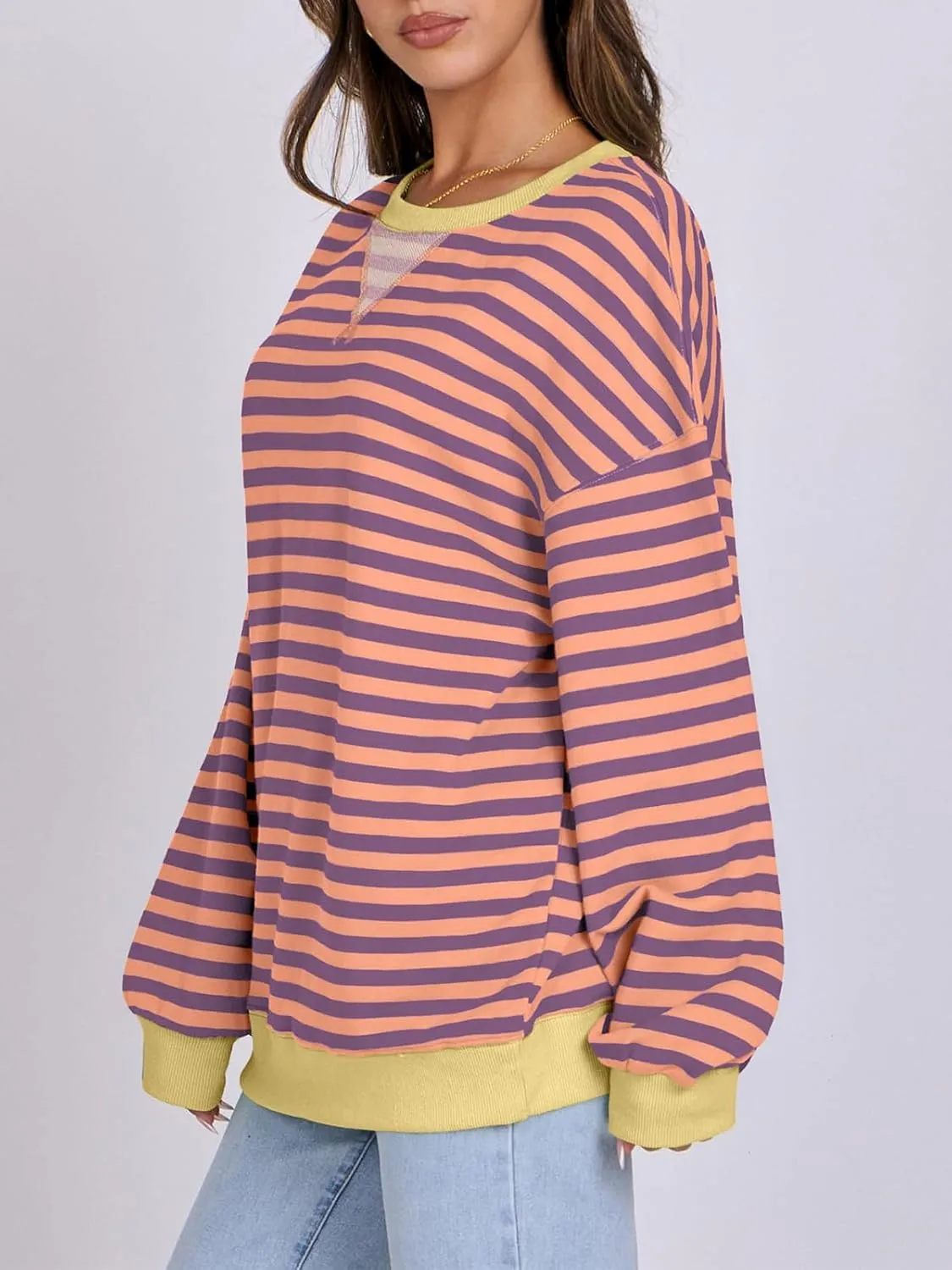 Women Striped Oversized Sweatshirt Long Sleeve Crewneck Hoodies Shirts 2024 Fall Pullover Top Trendy Preppy Clothes