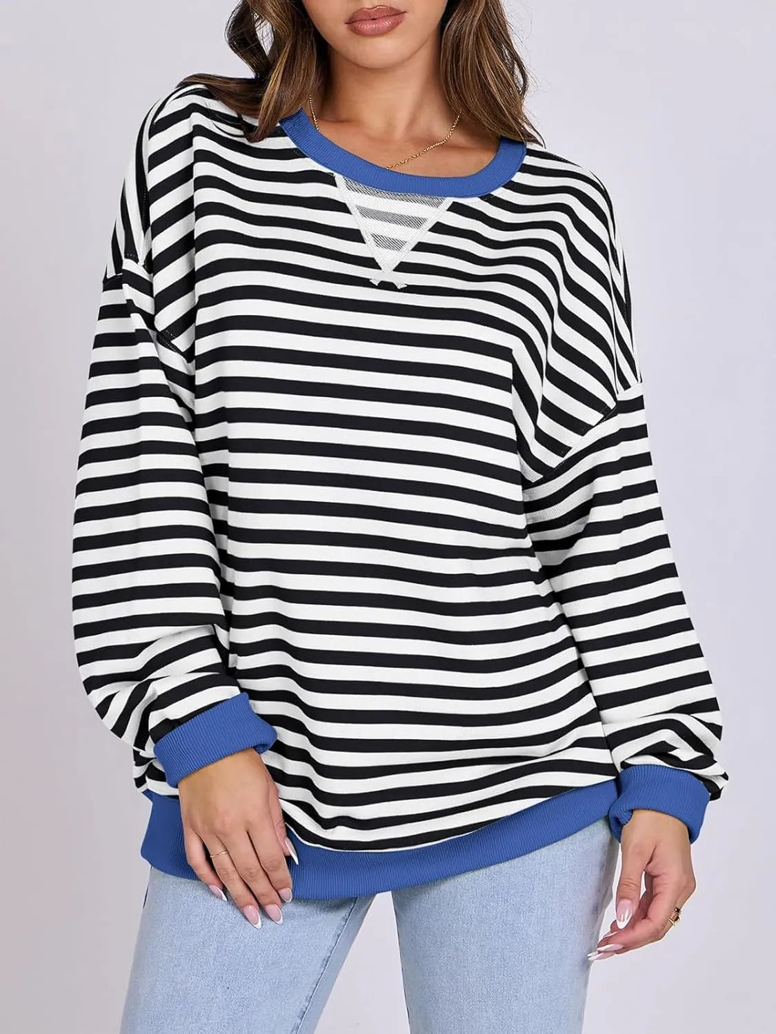 Women Striped Oversized Sweatshirt Long Sleeve Crewneck Hoodies Shirts 2024 Fall Pullover Top Trendy Preppy Clothes