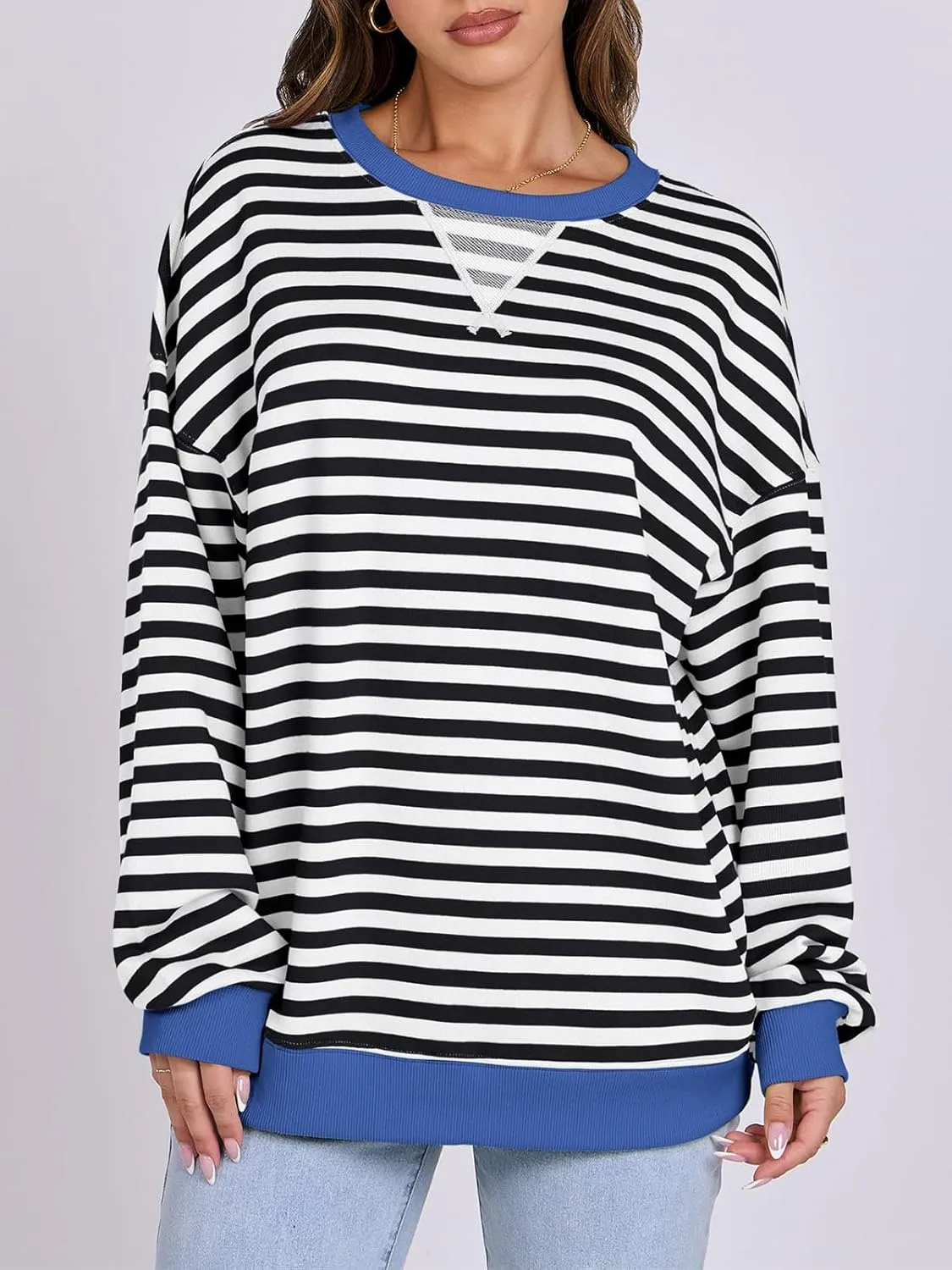 Women Striped Oversized Sweatshirt Long Sleeve Crewneck Hoodies Shirts 2024 Fall Pullover Top Trendy Preppy Clothes