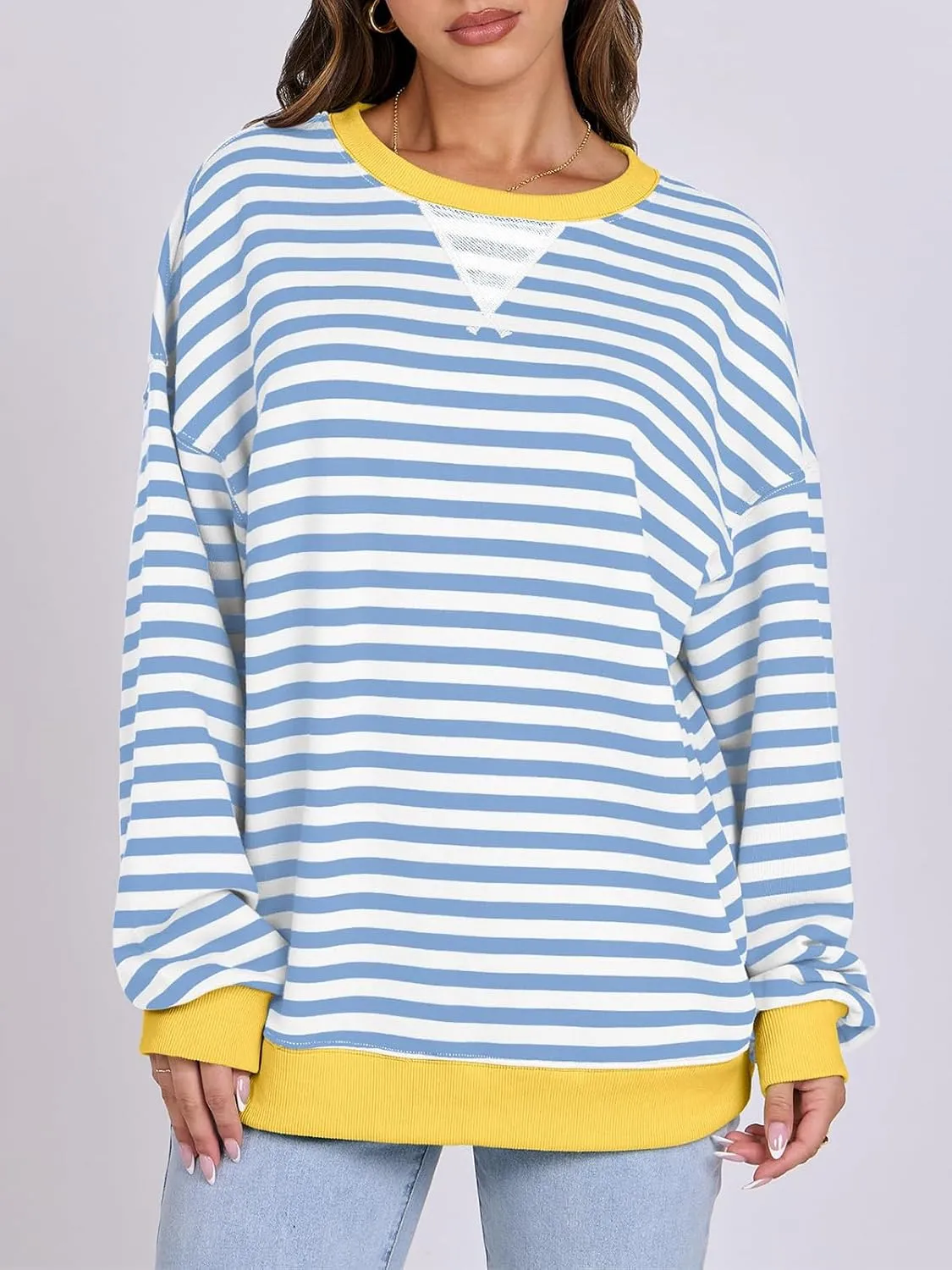 Women Striped Oversized Sweatshirt Long Sleeve Crewneck Hoodies Shirts 2024 Fall Pullover Top Trendy Preppy Clothes