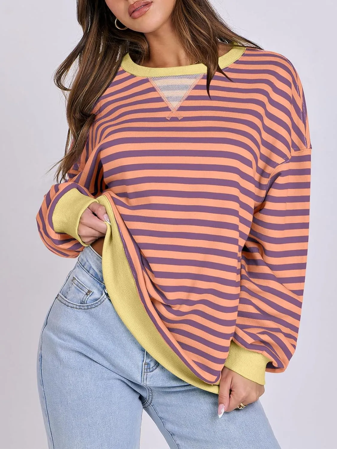 Women Striped Oversized Sweatshirt Long Sleeve Crewneck Hoodies Shirts 2024 Fall Pullover Top Trendy Preppy Clothes
