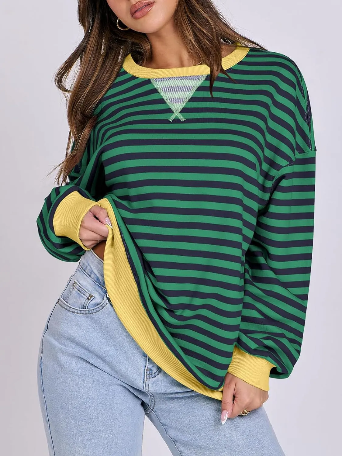 Women Striped Oversized Sweatshirt Long Sleeve Crewneck Hoodies Shirts 2024 Fall Pullover Top Trendy Preppy Clothes