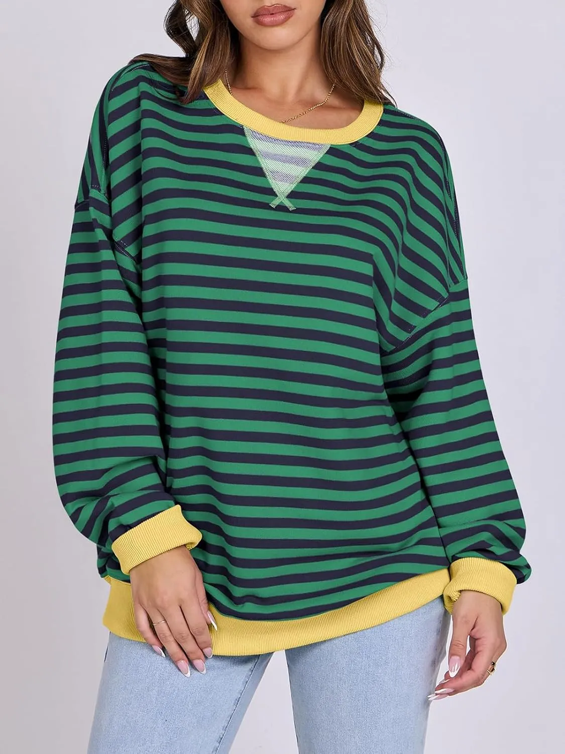 Women Striped Oversized Sweatshirt Long Sleeve Crewneck Hoodies Shirts 2024 Fall Pullover Top Trendy Preppy Clothes