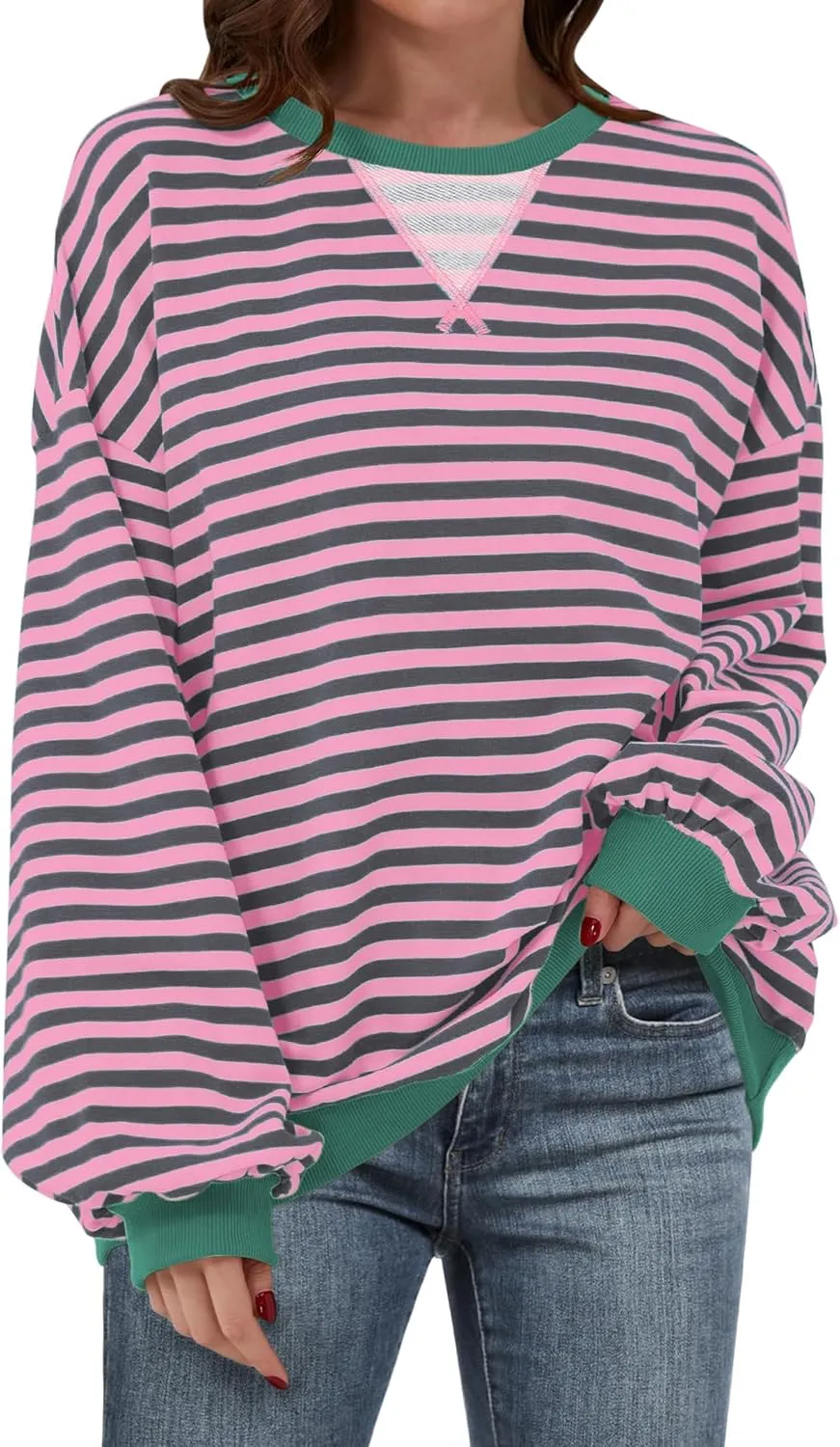 Women Striped Oversized Sweatshirt Long Sleeve Crewneck Hoodies Shirts 2024 Fall Pullover Top Trendy Preppy Clothes