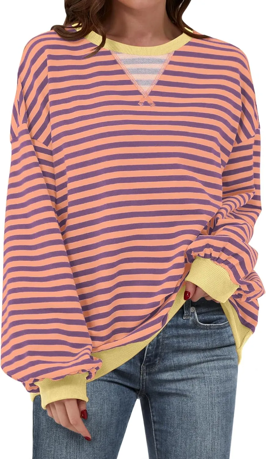 Women Striped Oversized Sweatshirt Long Sleeve Crewneck Hoodies Shirts 2024 Fall Pullover Top Trendy Preppy Clothes