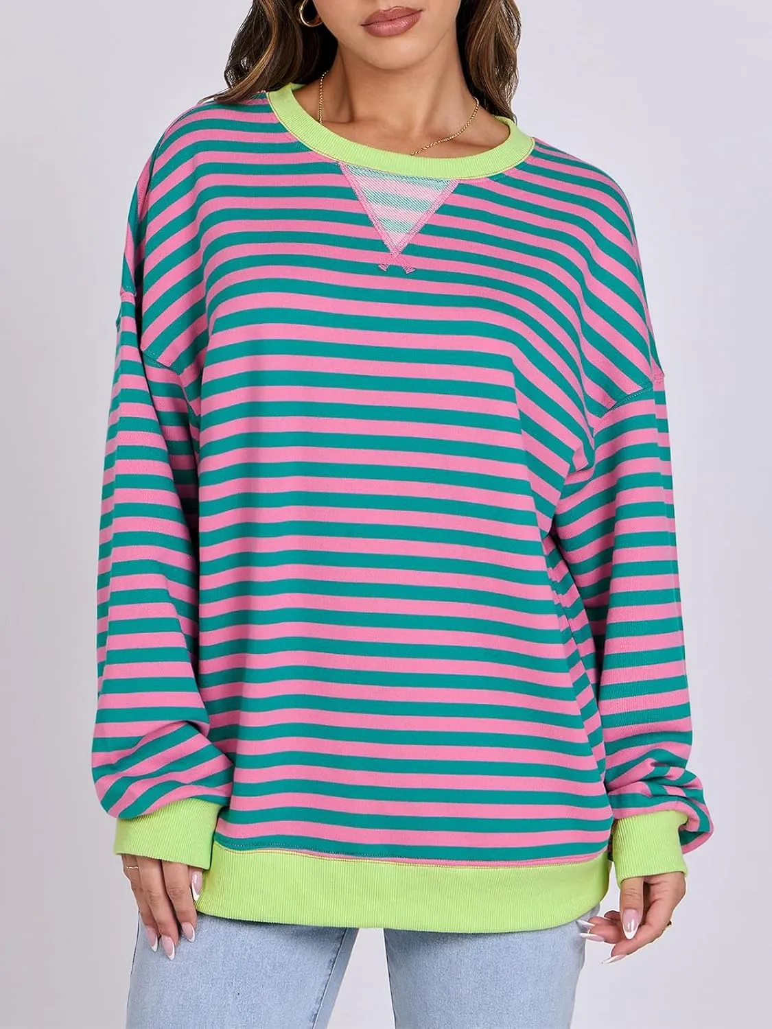 Women Striped Oversized Sweatshirt Long Sleeve Crewneck Hoodies Shirts 2024 Fall Pullover Top Trendy Preppy Clothes