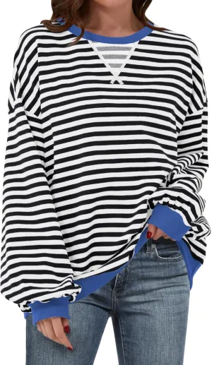 Women Striped Oversized Sweatshirt Long Sleeve Crewneck Hoodies Shirts 2024 Fall Pullover Top Trendy Preppy Clothes