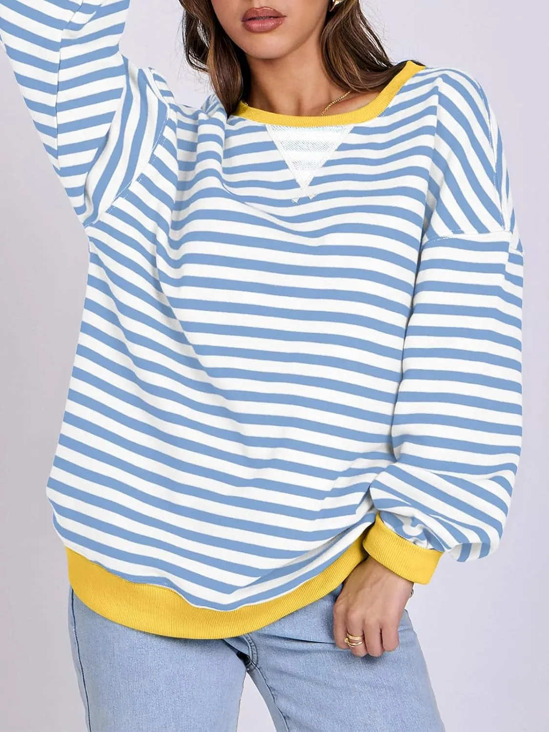 Women Striped Oversized Sweatshirt Long Sleeve Crewneck Hoodies Shirts 2024 Fall Pullover Top Trendy Preppy Clothes