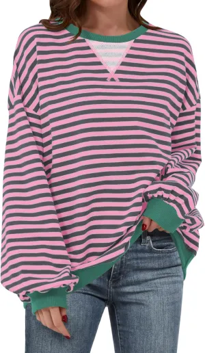 Women Striped Oversized Sweatshirt Long Sleeve Crewneck Hoodies Shirts 2024 Fall Pullover Top Trendy Preppy Clothes