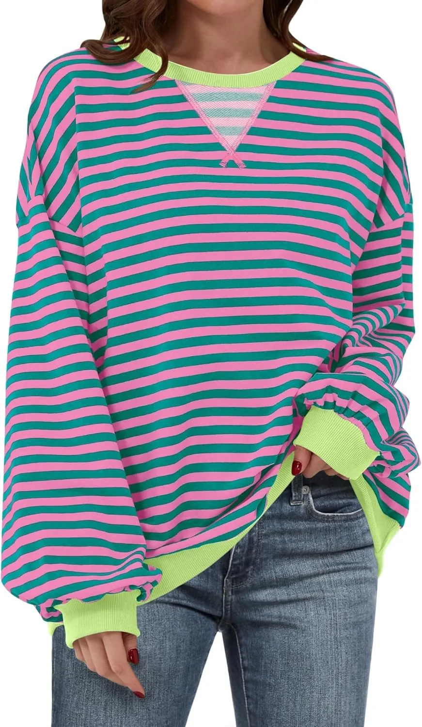 Women Striped Oversized Sweatshirt Long Sleeve Crewneck Hoodies Shirts 2024 Fall Pullover Top Trendy Preppy Clothes
