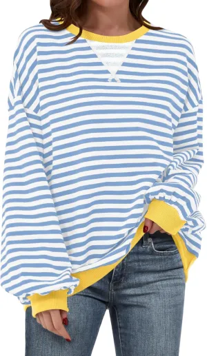 Women Striped Oversized Sweatshirt Long Sleeve Crewneck Hoodies Shirts 2024 Fall Pullover Top Trendy Preppy Clothes