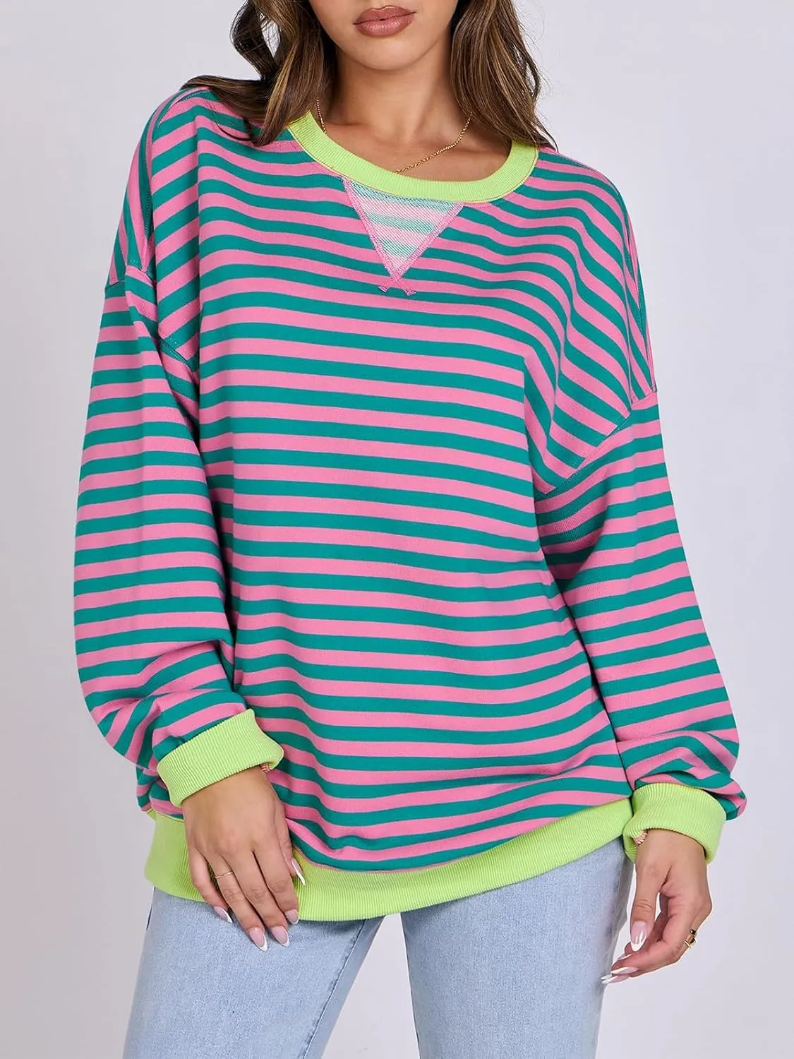 Women Striped Oversized Sweatshirt Long Sleeve Crewneck Hoodies Shirts 2024 Fall Pullover Top Trendy Preppy Clothes