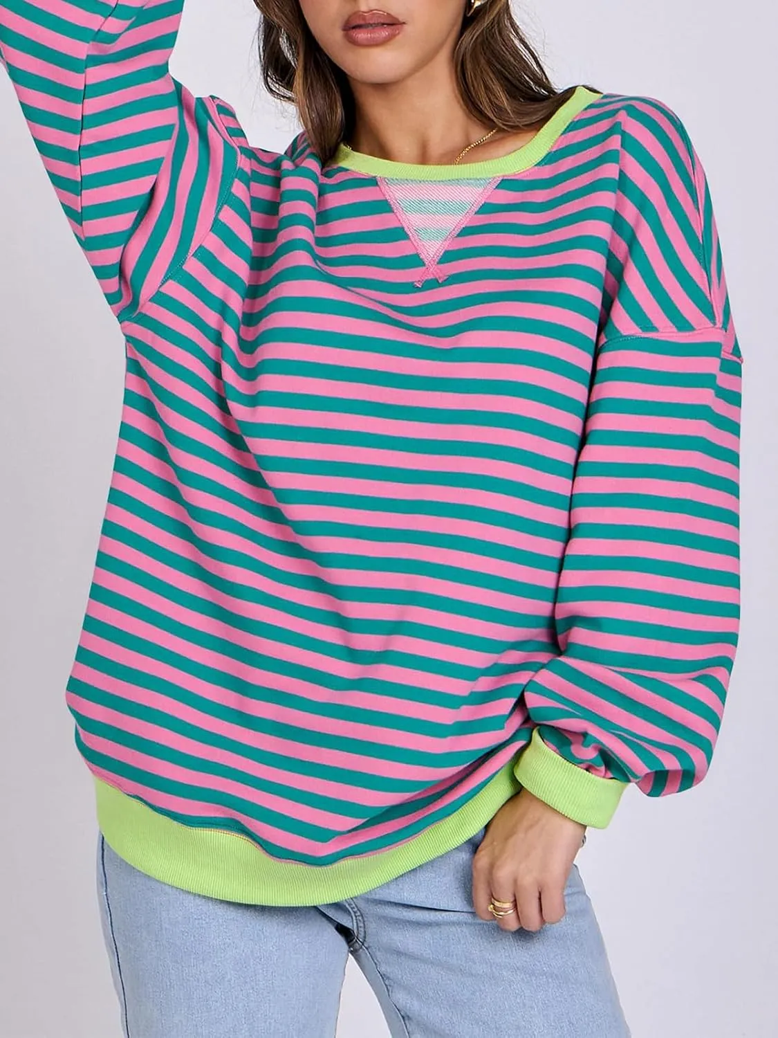 Women Striped Oversized Sweatshirt Long Sleeve Crewneck Hoodies Shirts 2024 Fall Pullover Top Trendy Preppy Clothes
