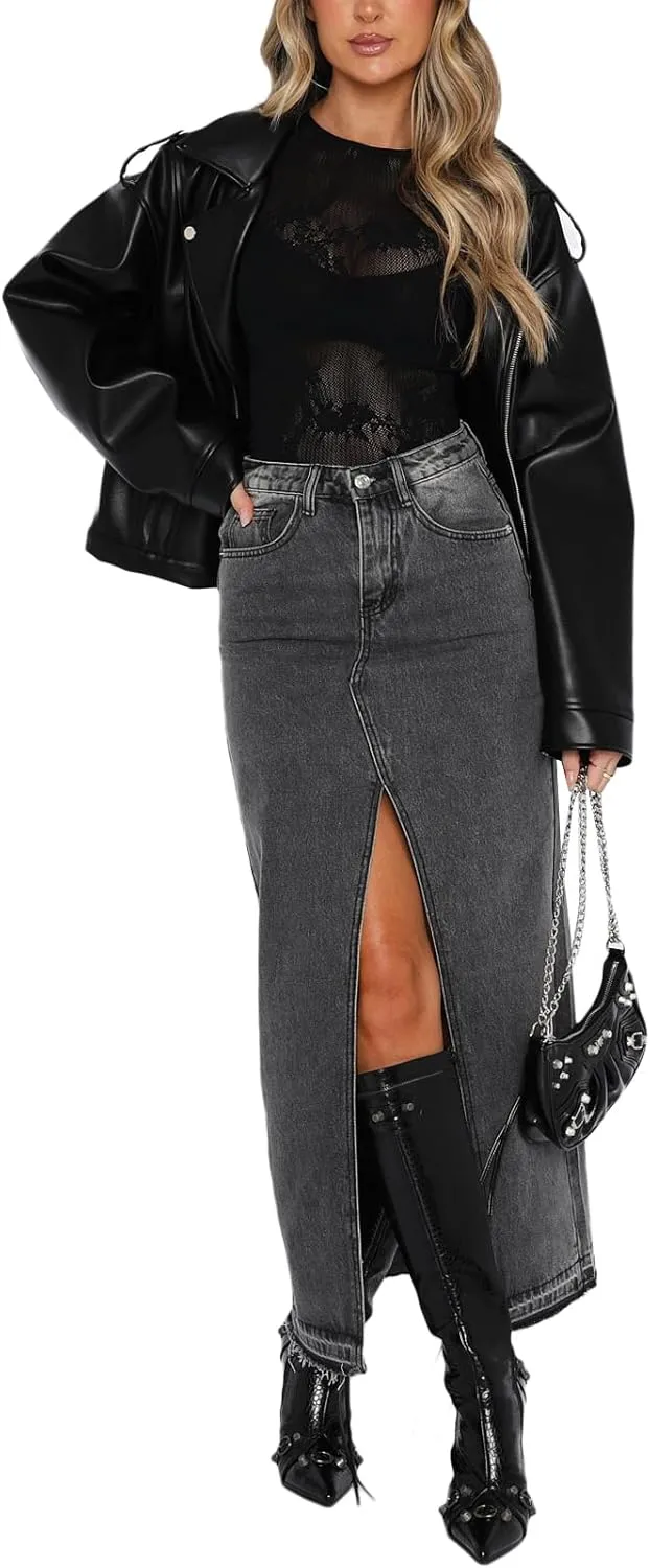 Women Summer Casual High Waisted Denim Skirt Y2k Wrap Split Front Maxi Skirt Long Jean Skirt with Pocket