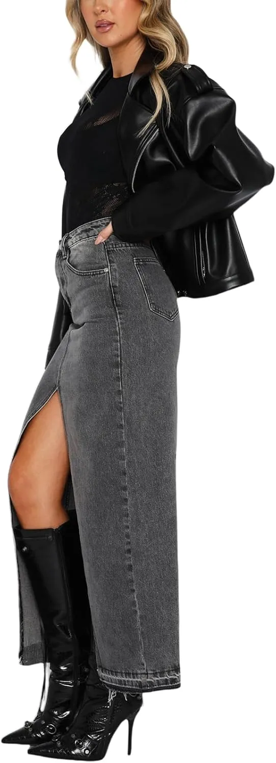 Women Summer Casual High Waisted Denim Skirt Y2k Wrap Split Front Maxi Skirt Long Jean Skirt with Pocket