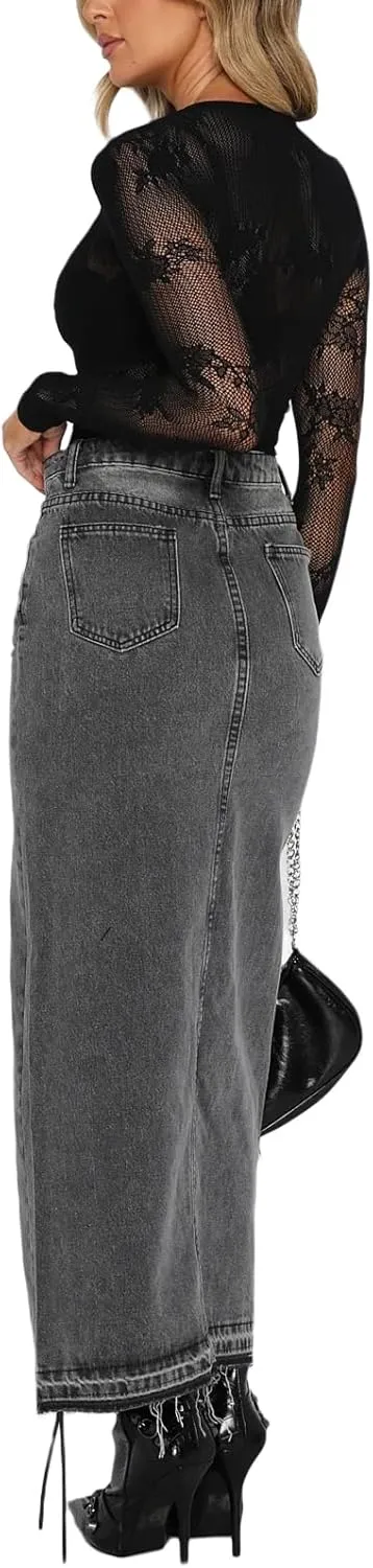 Women Summer Casual High Waisted Denim Skirt Y2k Wrap Split Front Maxi Skirt Long Jean Skirt with Pocket