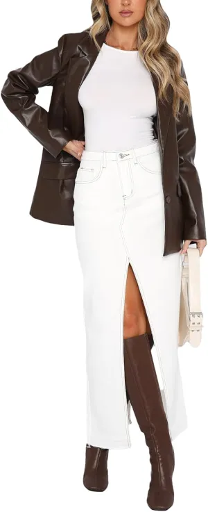 Women Summer Casual High Waisted Denim Skirt Y2k Wrap Split Front Maxi Skirt Long Jean Skirt with Pocket