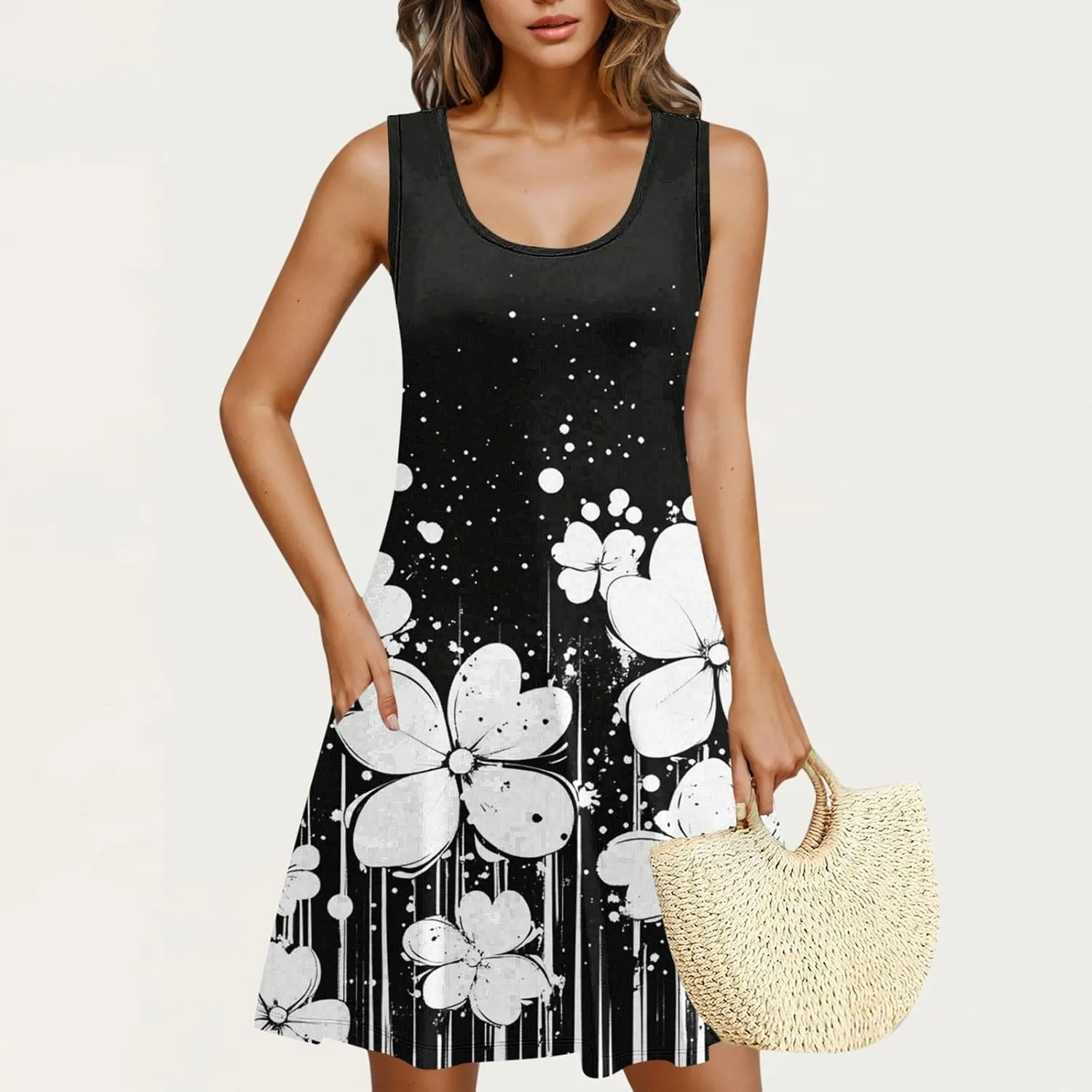 Women Summer Dress 2025 Loose V Neck Sleeveless Sundresses Swimsuit Coverup with Pocket Floral Tunic Mini Tank Dresses