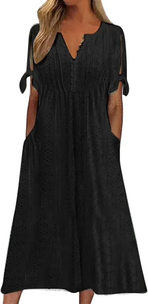 Women Summer Ruffle Hem Floral Lace Eyelet Dress Casual Notch Neck Midi Tunic Dress with Pocket A Line Casual Sundress